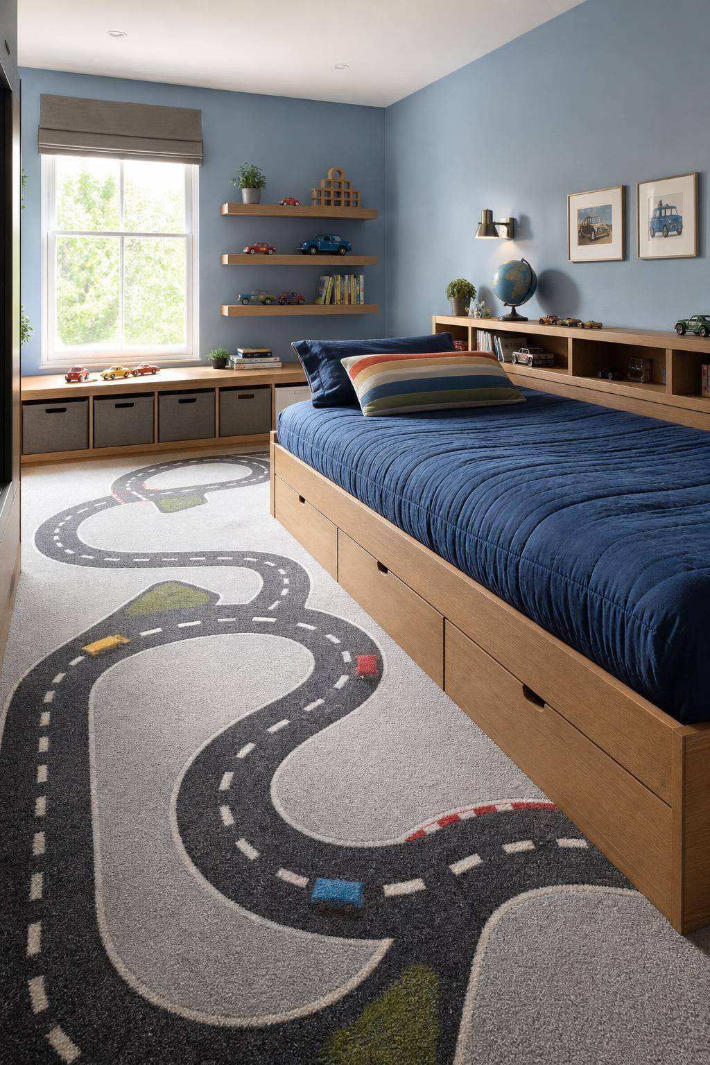 Kinderzimmer-Ideen für einen Jungen- Baue eine kleine Spielstraße mit Teppichrollen