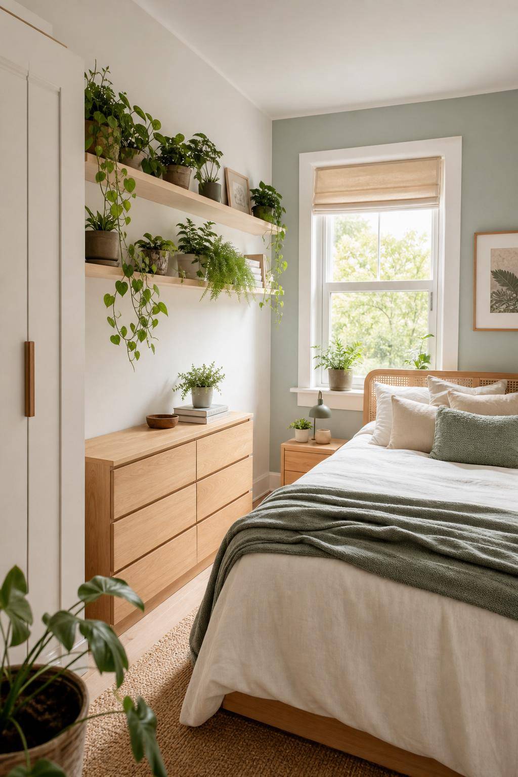 Kleines Zimmer einrichten- Platziere Pflanzen auf hohen Regalen