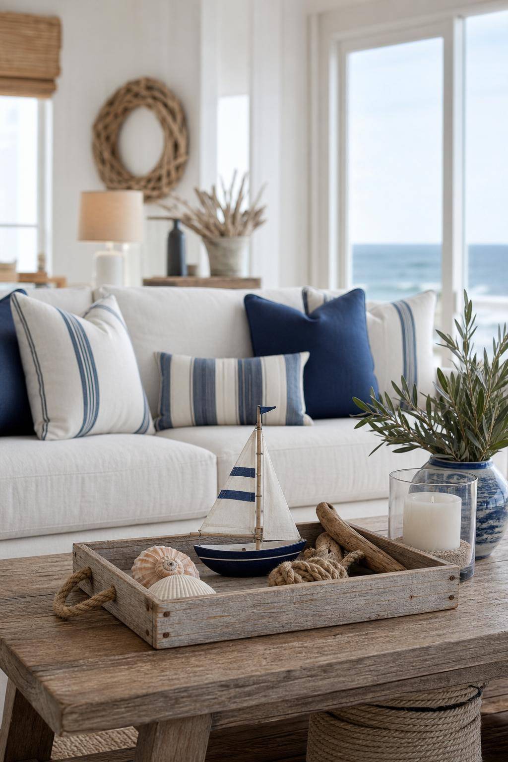 Maritime Einrichtung- Lege maritime Tabletts mit Segelboot-Motiven bereit