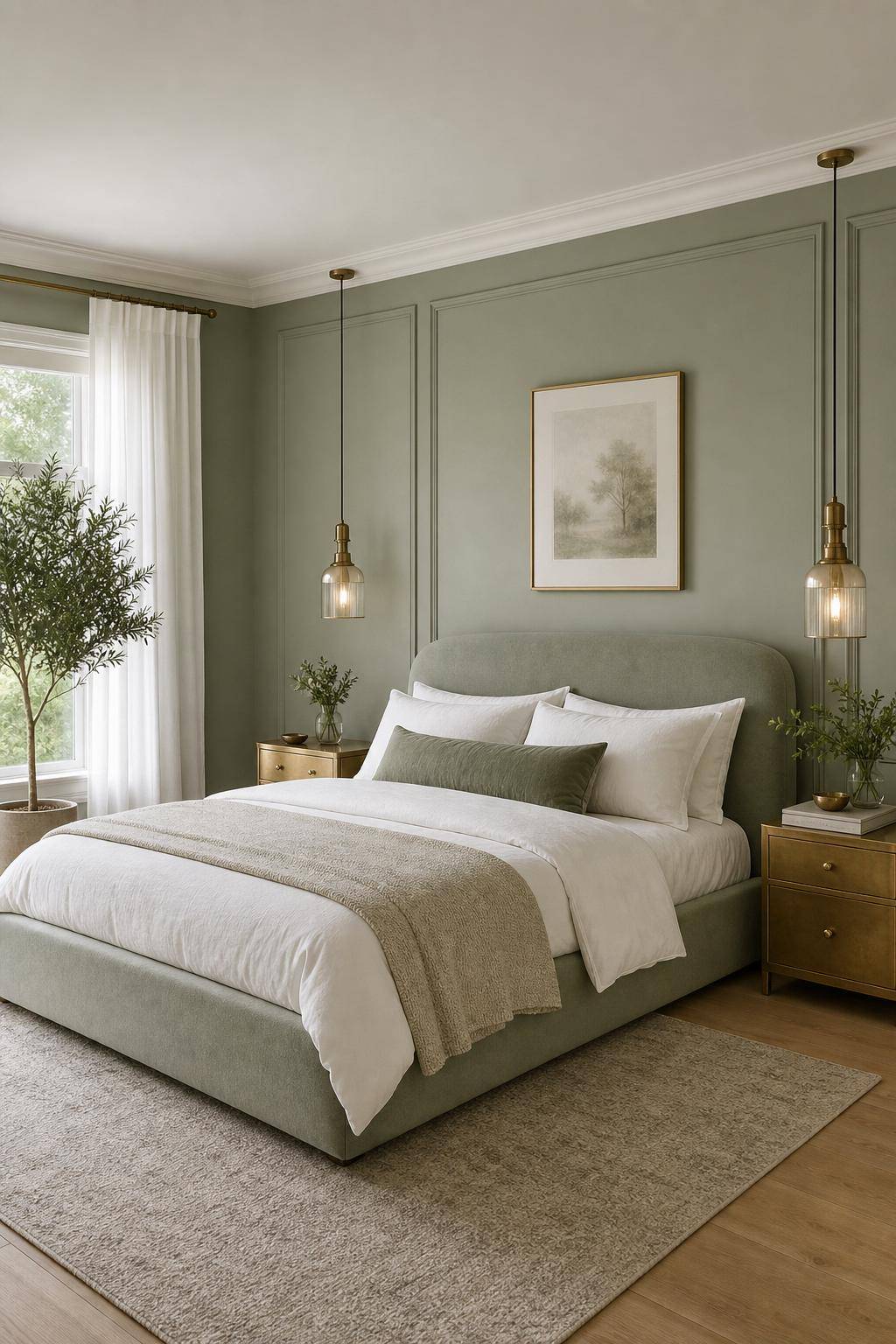 Salbeigrünes Schlafzimmer einrichten- Nutze Messingdetails für eleganten Kontrast