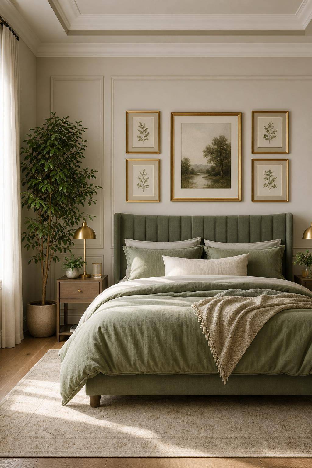 Salbeigrünes Schlafzimmer einrichten- Setze Akzente mit goldenen Bilderrahmen