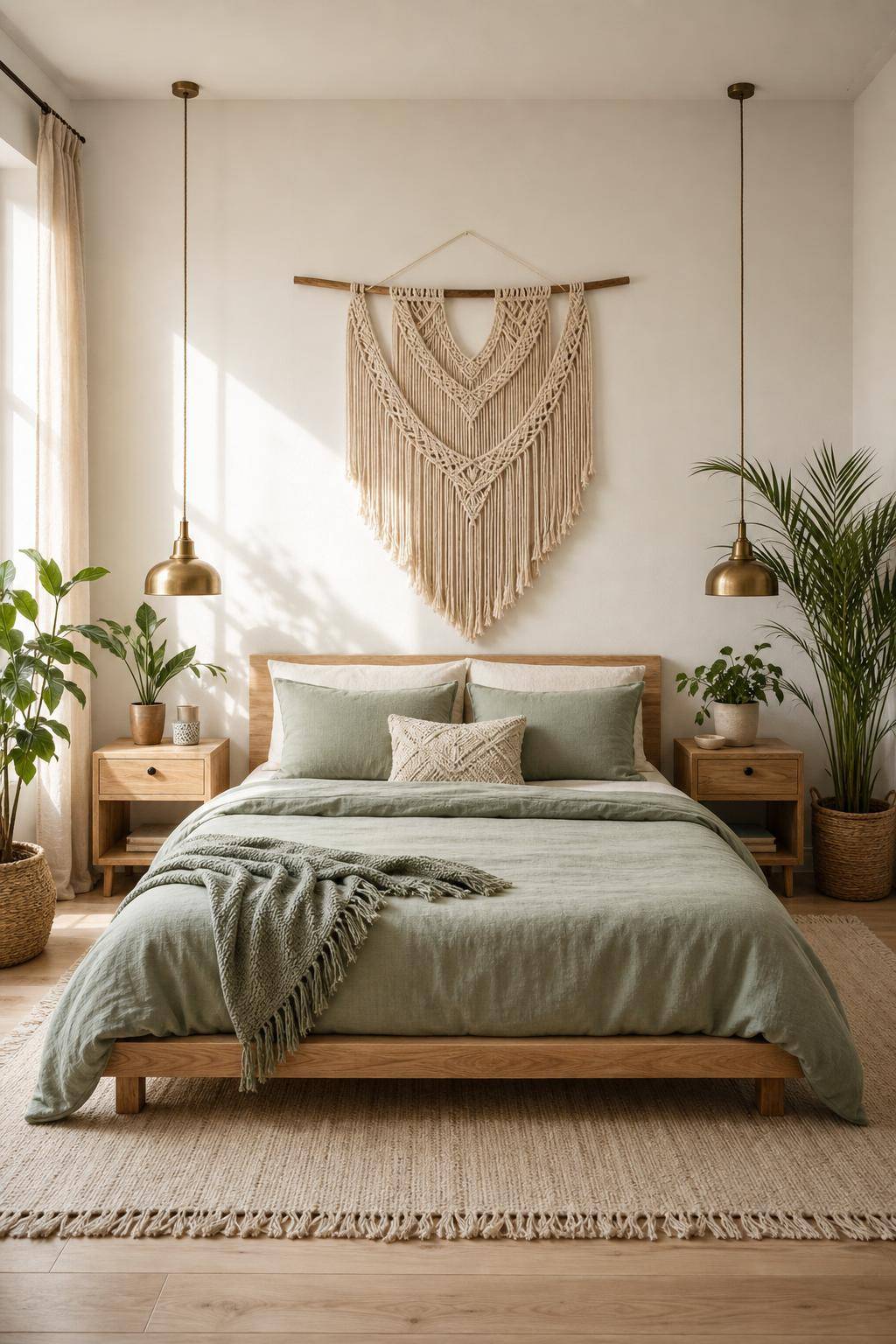 Salbeigrünes Schlafzimmer einrichten- Verwende Makramee-Deko für einen Boho-Touch