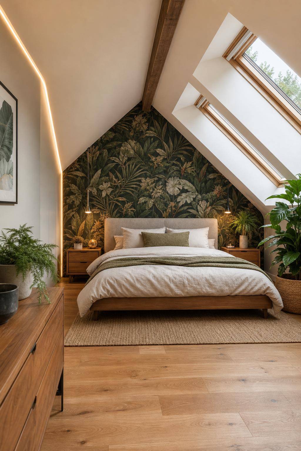 Schlafzimmer im Dachgeschoss- Experimentiere mit Tapeten für Betonnungseffekte