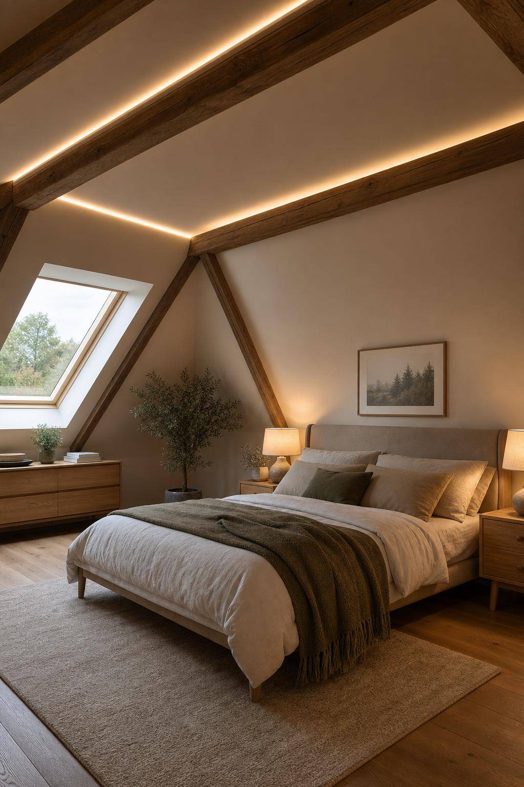 Schlafzimmer im Dachgeschoss- Installiere indirekte LED-Beleuchtung für sanftes Licht
