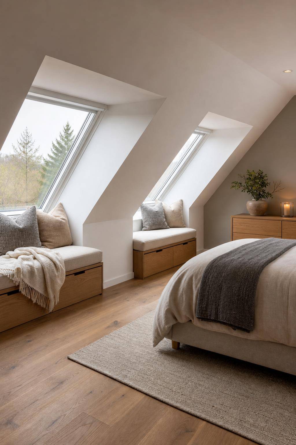 Schlafzimmer im Dachgeschoss- Integriere Sitzfensterbänke mit Stauraum