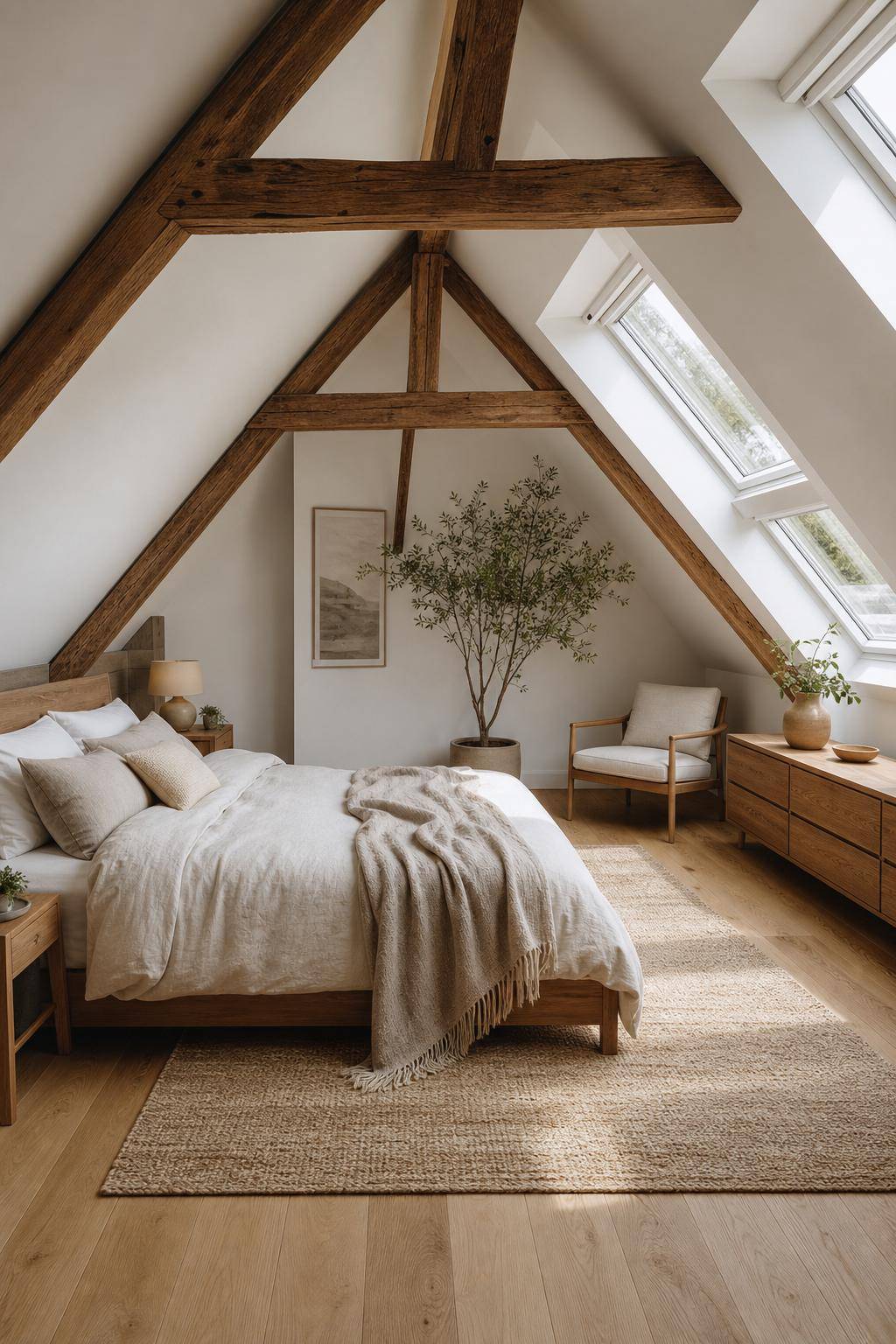 Schlafzimmer im Dachgeschoss- Integriere sichtbare Holzbalken als Eyecatcher