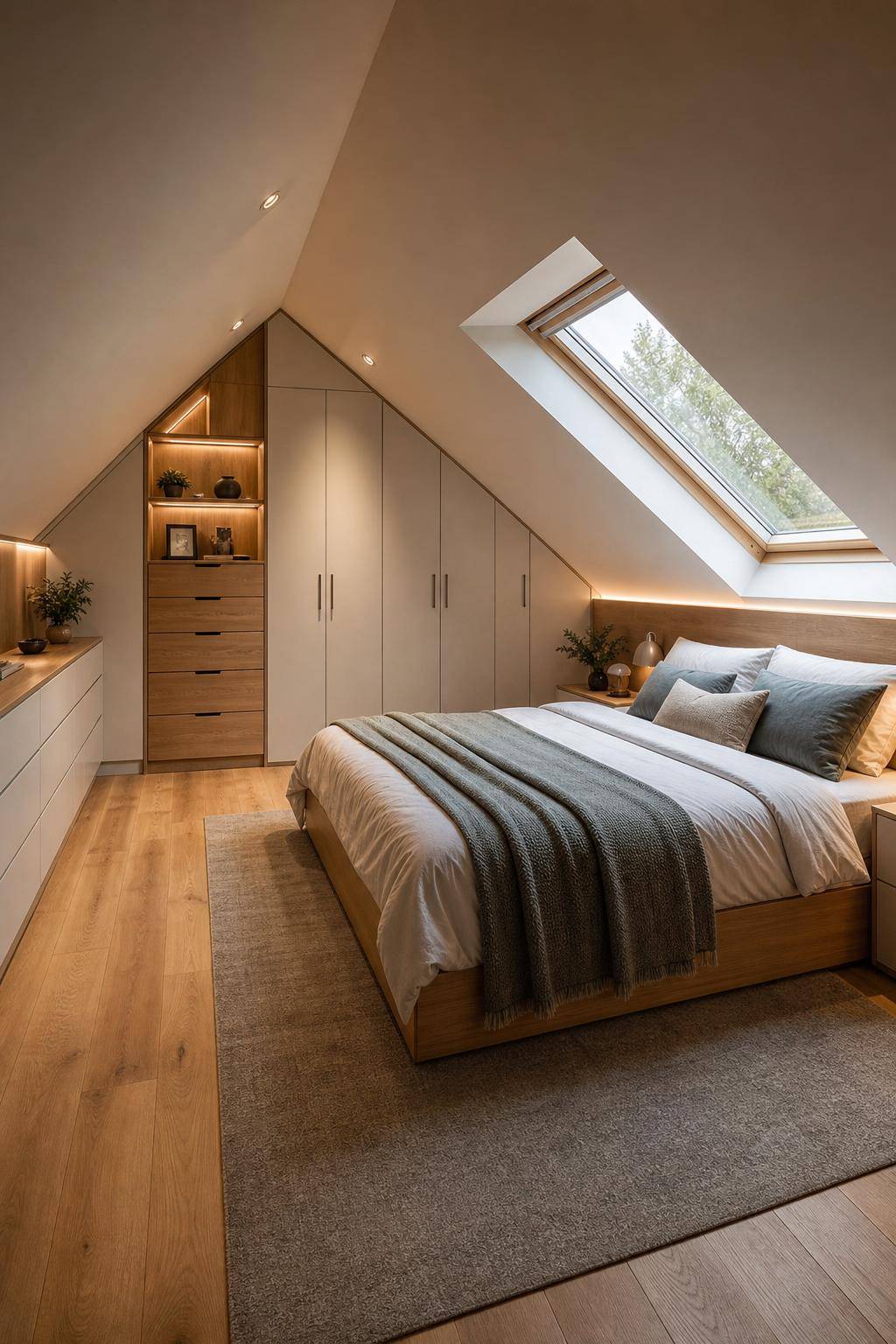 Schlafzimmer im Dachgeschoss- Nutze maßgefertigte Möbel für optimale Flächennutzung