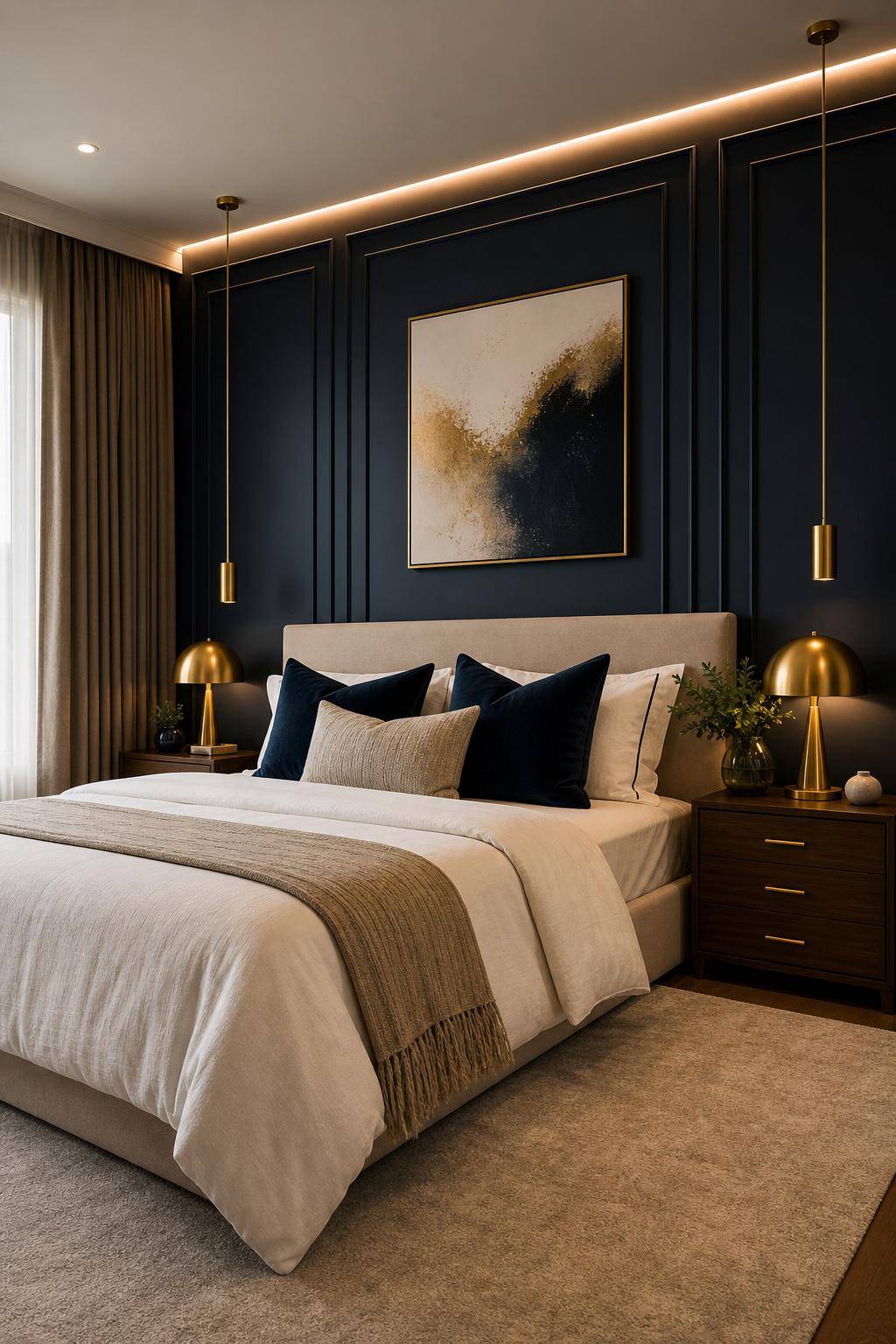 Schlafzimmer mit dunkler Wandfarbe-Wähle goldene Accessoires als Blickfang