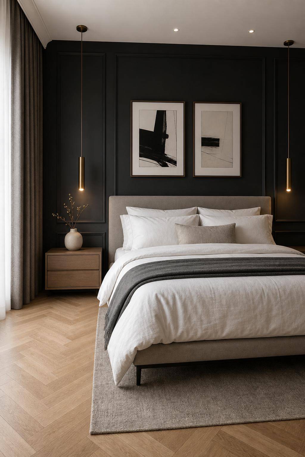 Schlafzimmer mit dunkler Wandfarbe- Hänge minimalistische Kunst für moderne Akzente auf