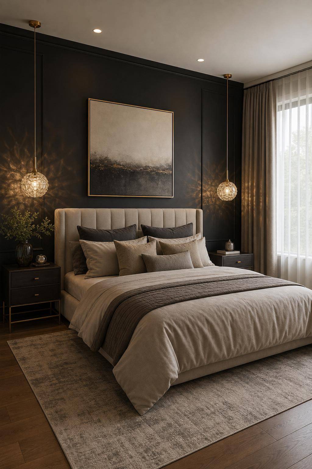 Schlafzimmer mit dunkler Wandfarbe- Integriere metallische Lampen für Schimmer-Effekte