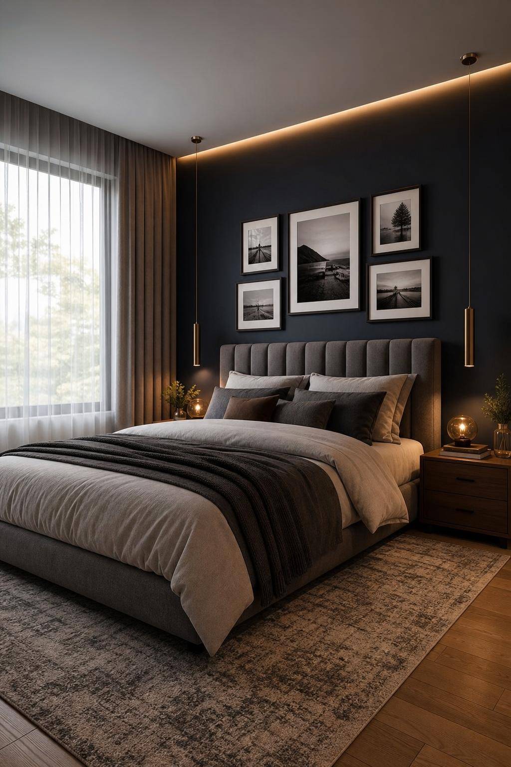 Schlafzimmer mit dunkler Wandfarbe- Lege persönliche Fotos in stilvollen Rahmen aus