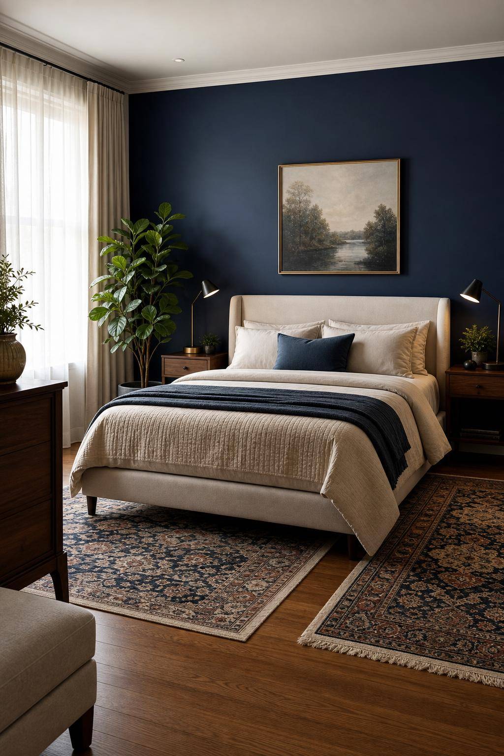 Schlafzimmer mit dunkler Wandfarbe- Platziere Teppiche mit feinen Mustern am Bett