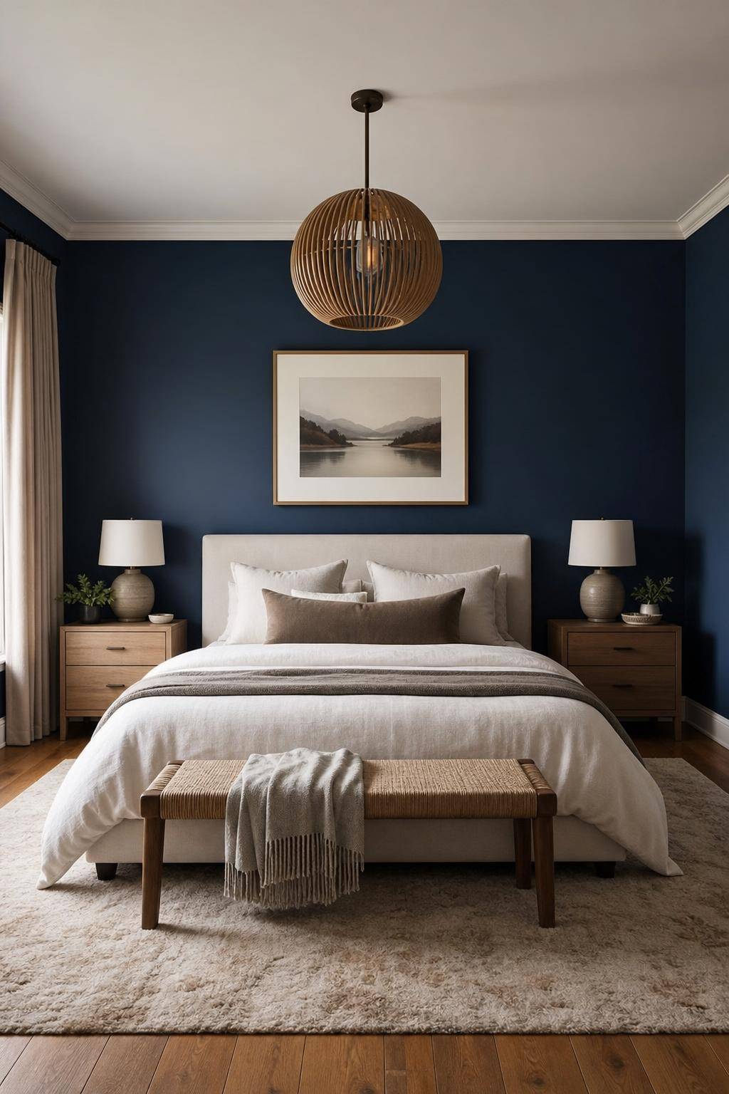 Schlafzimmer mit dunkler Wandfarbe- Streiche das Deckenstück heller für Offenheit
