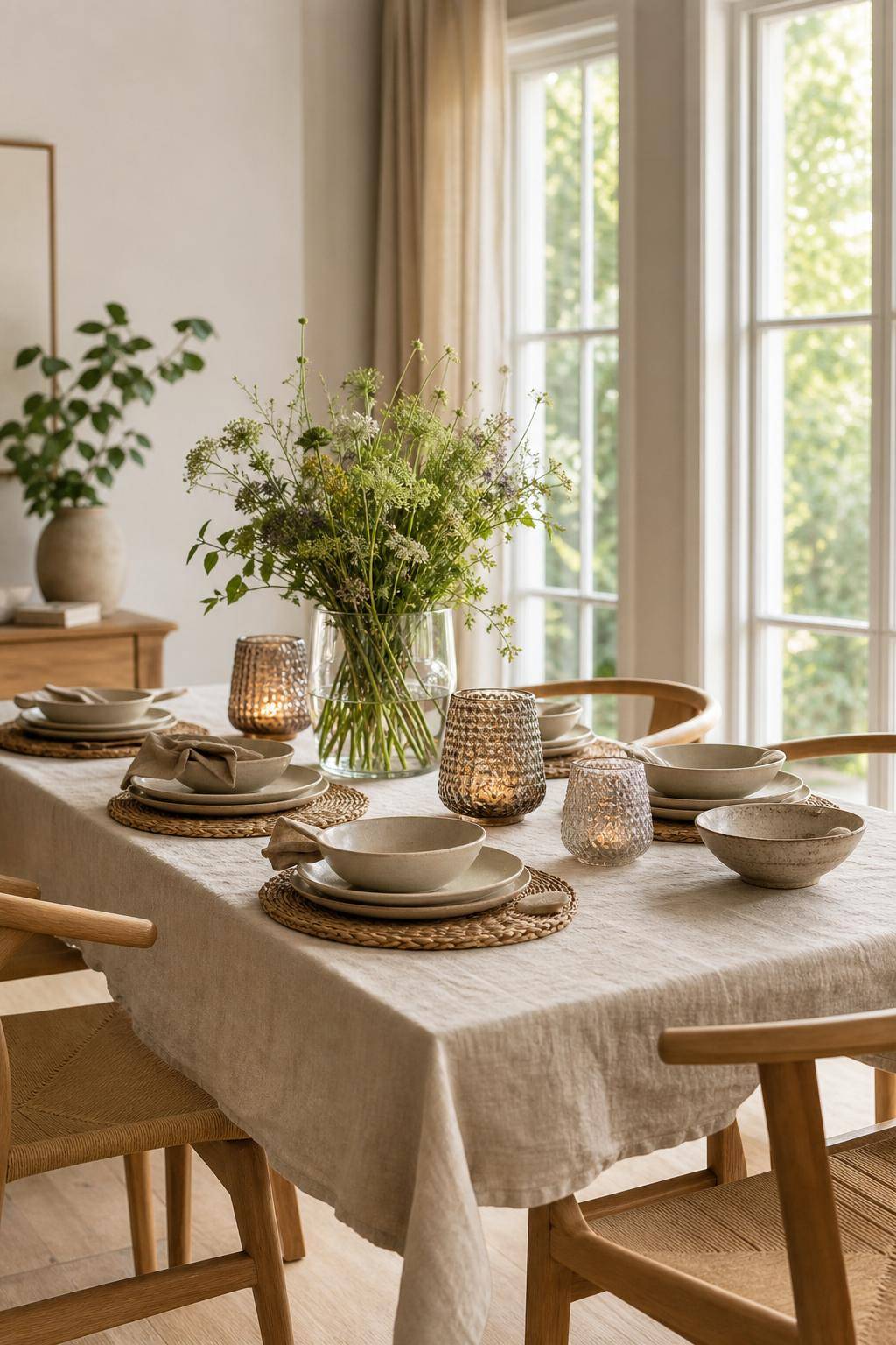 Skandinavisches Esszimmer einrichten- Arrangiere Naturmaterialien als Tischdekoration