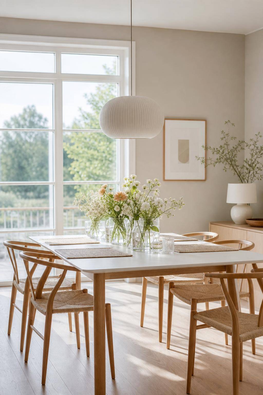 Skandinavisches Esszimmer einrichten- Platziere frische Schnittblumen in Glasvasen