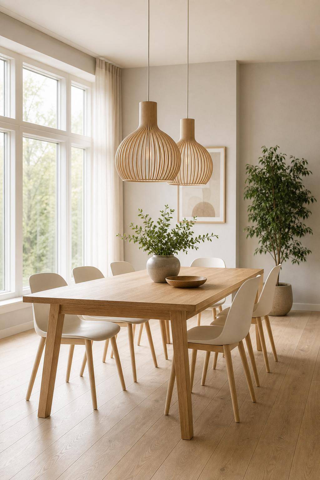 Skandinavisches Esszimmer einrichten- Verwende Leuchten aus hellem Holz