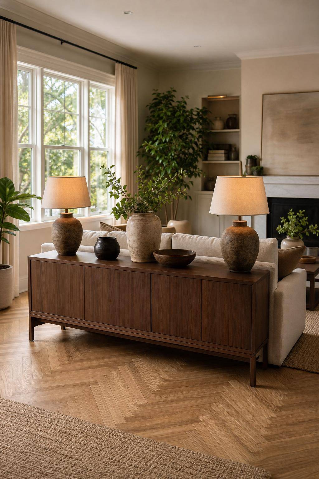 Sofa-Ideen fürs Wohnzimmer- Integriere ein Sideboard hinter dem Sofa
