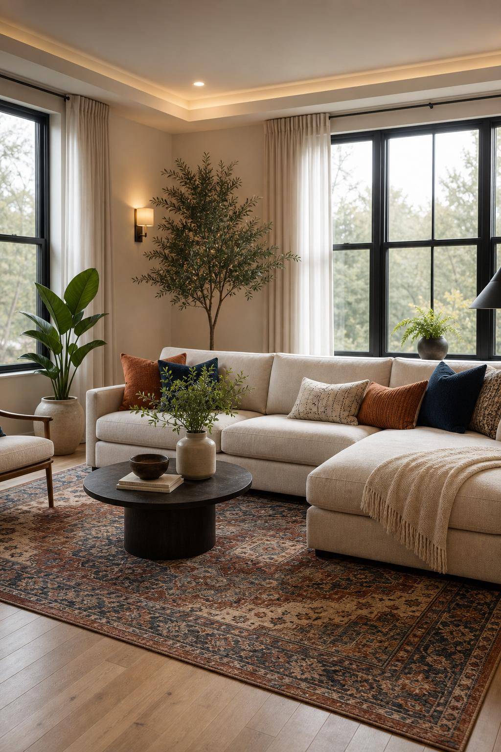 Sofa-Ideen fürs Wohnzimmer- Lege einen gemusterten Teppich darunter