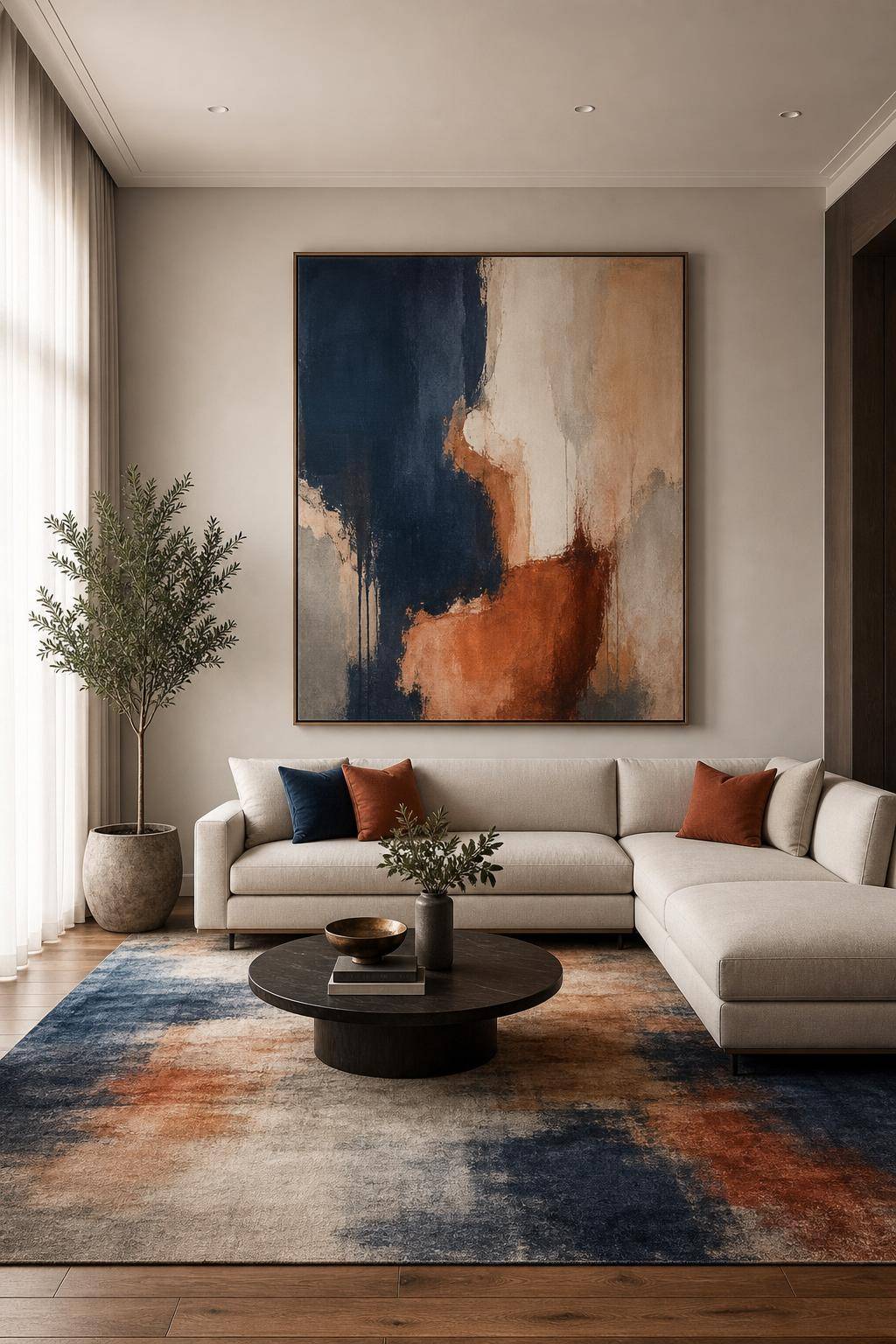 Wohnzimmer-Teppich Ideen- Harmonisiere Teppichfarben mit Wandbildern