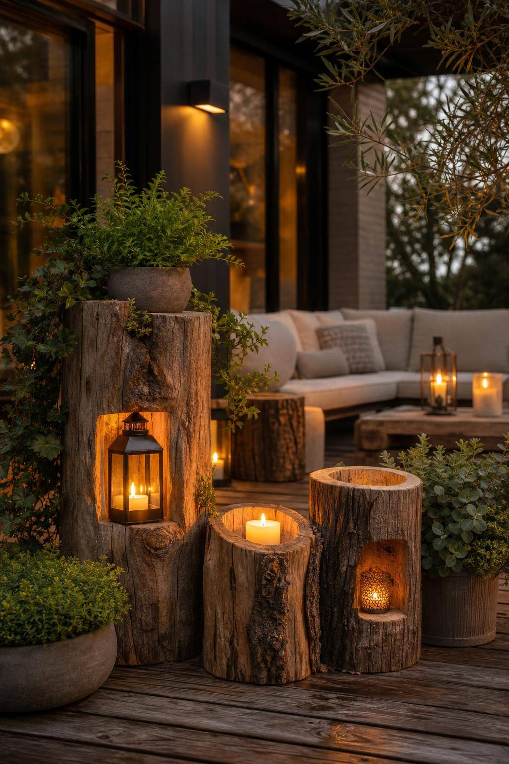 Dekoideen aus Holz- Arrangiere Windlichter in ausgehöhlten Baumstämmen