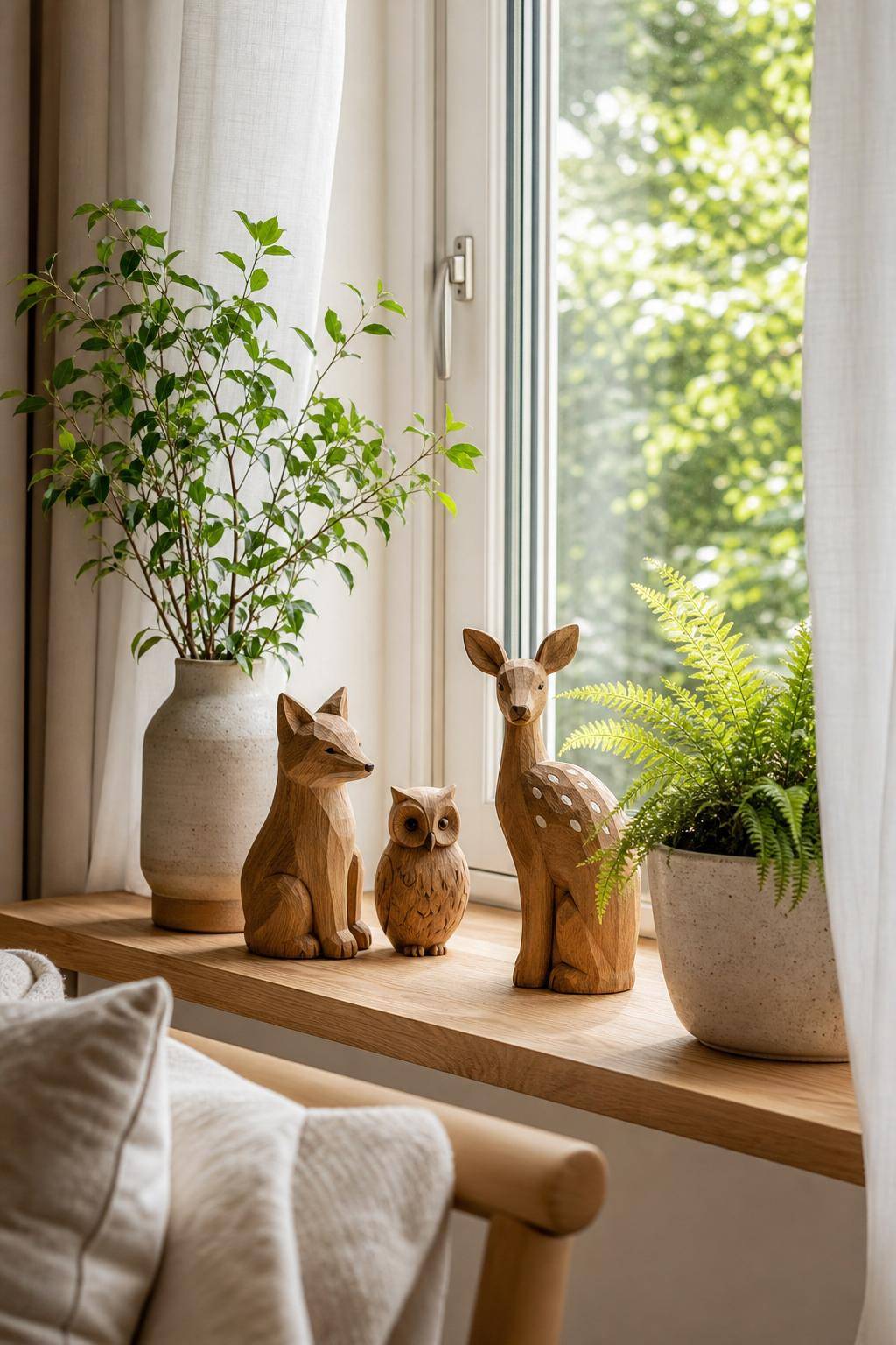Dekoideen aus Holz- Dekoriere Fensterbänke mit geschnitzten Holztieren