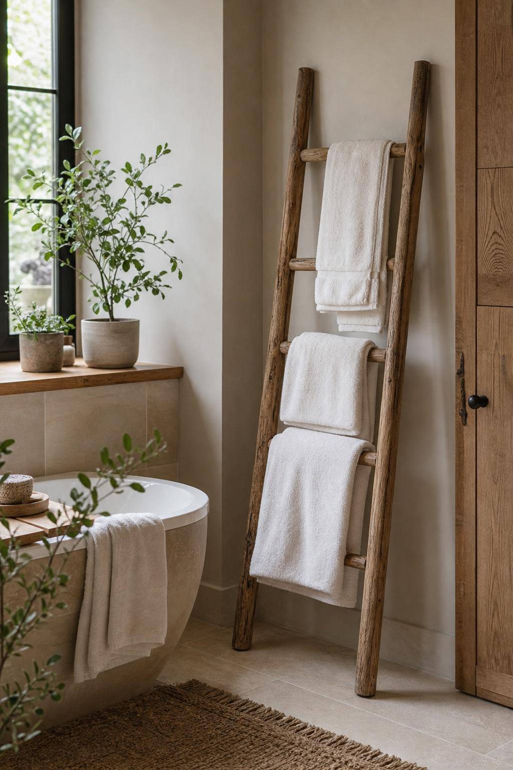 Dekoideen aus Holz- Nutze Holzleitern als charmante Handtuchhalter