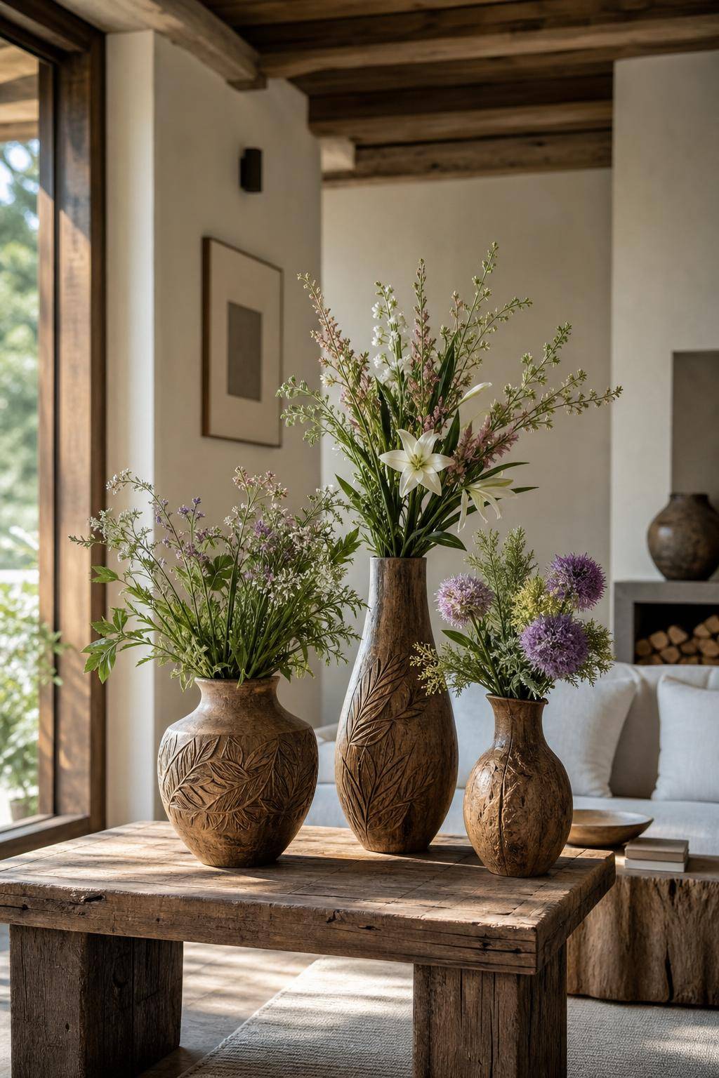 Dekoideen aus Holz- Präsentiere Blumen in geschnitzten Holzvasen