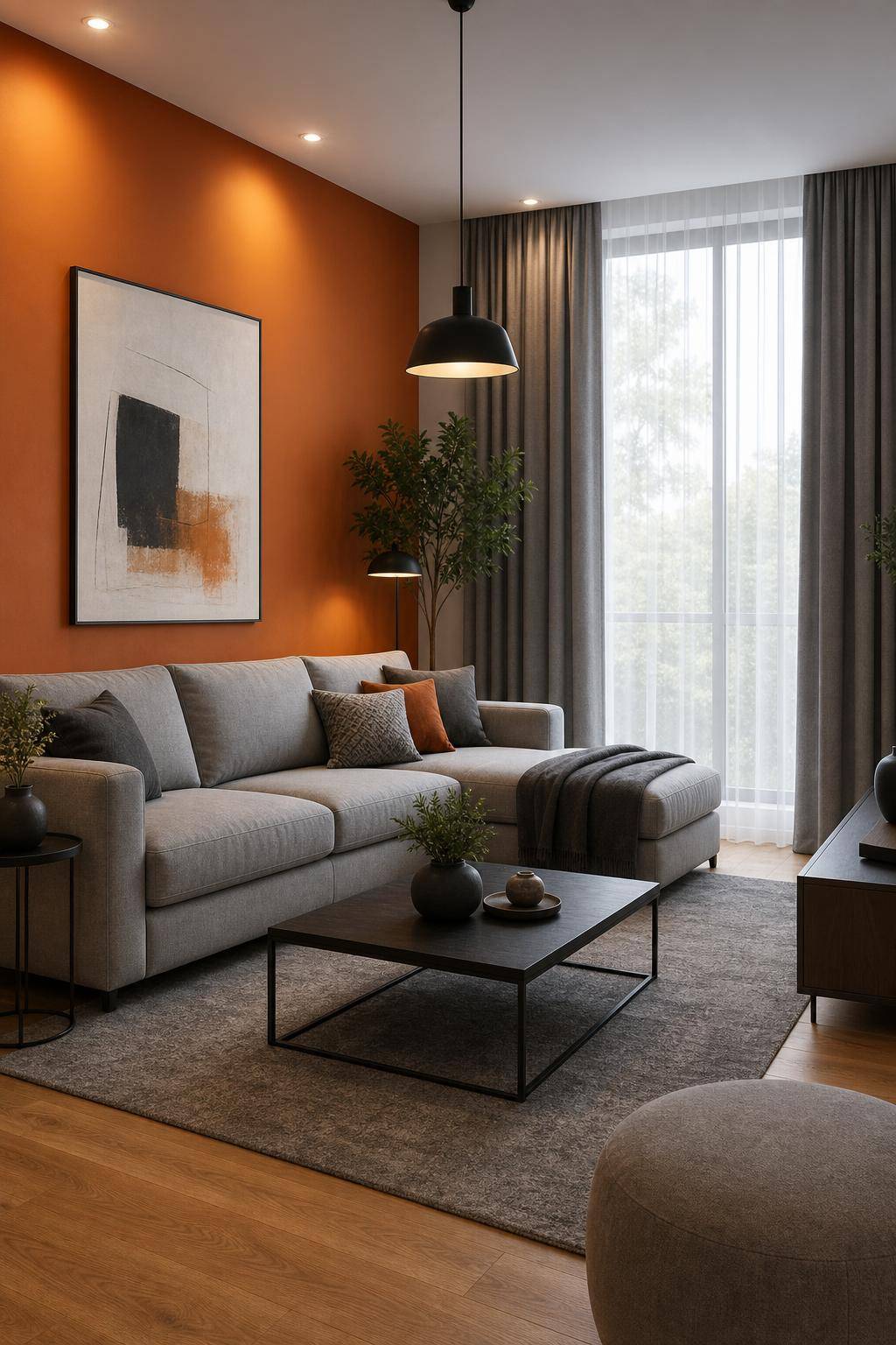 Einrichtung: Welche Farbe passt zu Orange?-Kombiniere Orange mit sanftem Grau für Eleganz