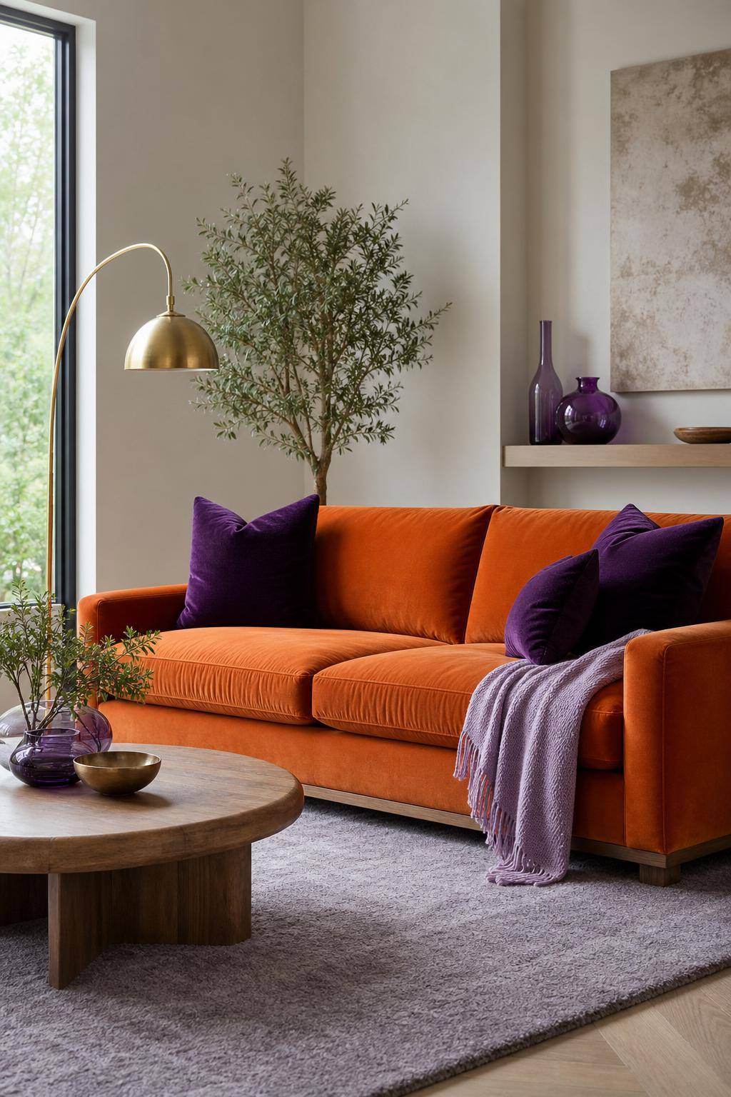 Einrichtung: Welche Farbe passt zu Orange?- Experimentiere mit lila Accessoires zur Farbharmonie