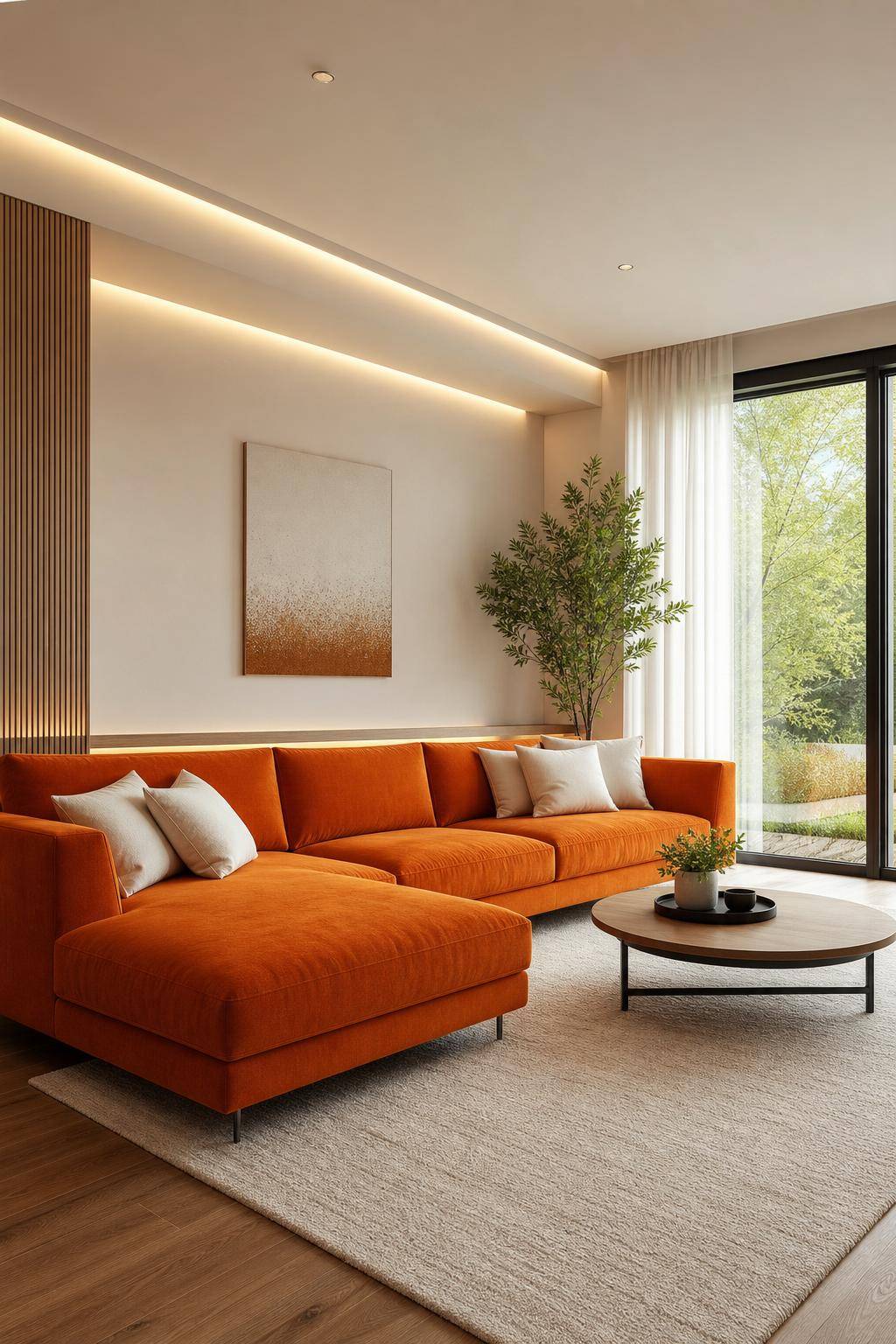 Einrichtung: Welche Farbe passt zu Orange?- Spiele mit weißen Kissen auf orangem Sofa