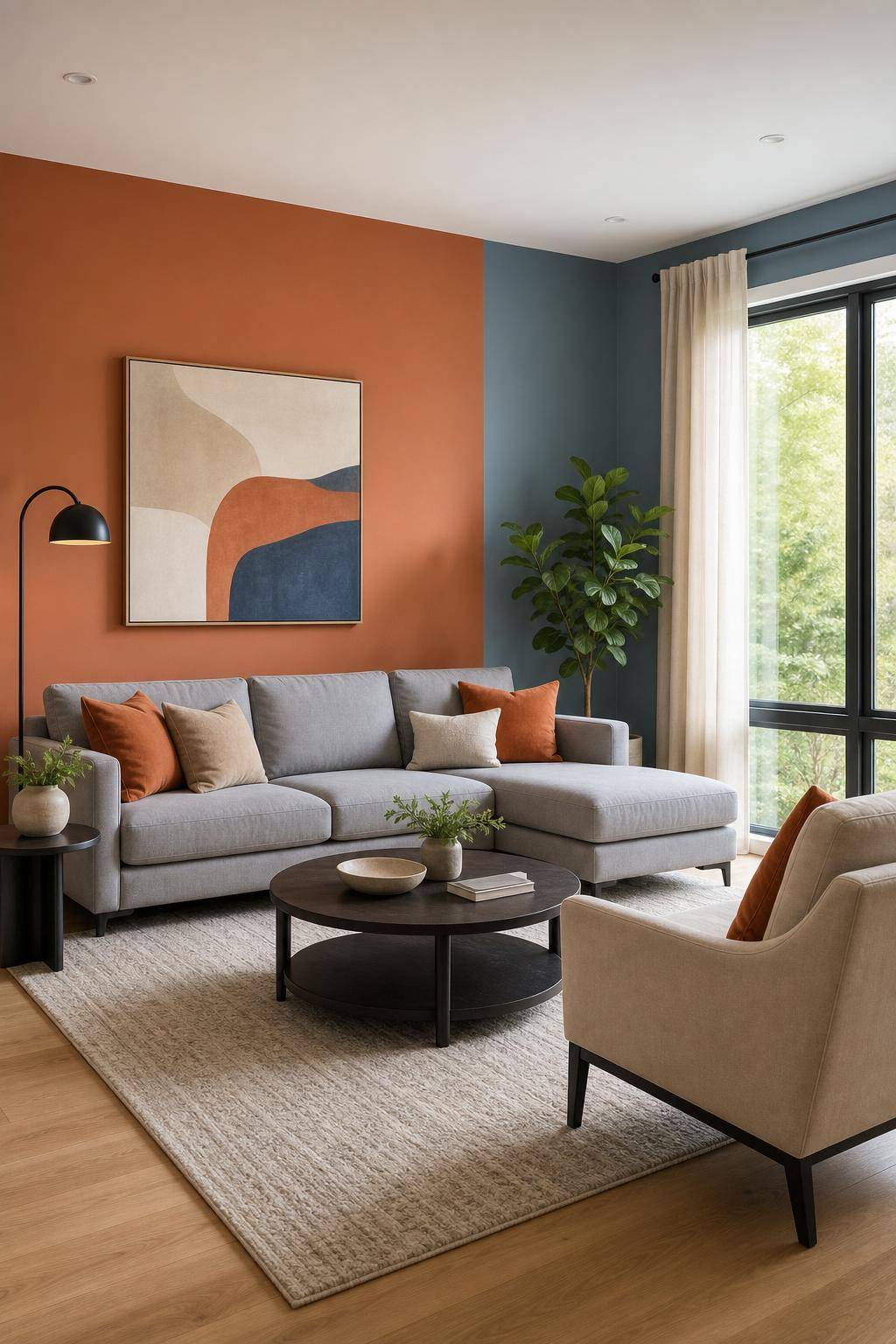Einrichtung: Welche Farbe passt zu Orange?- Streiche eine Wand in Taubenblau neben Orange