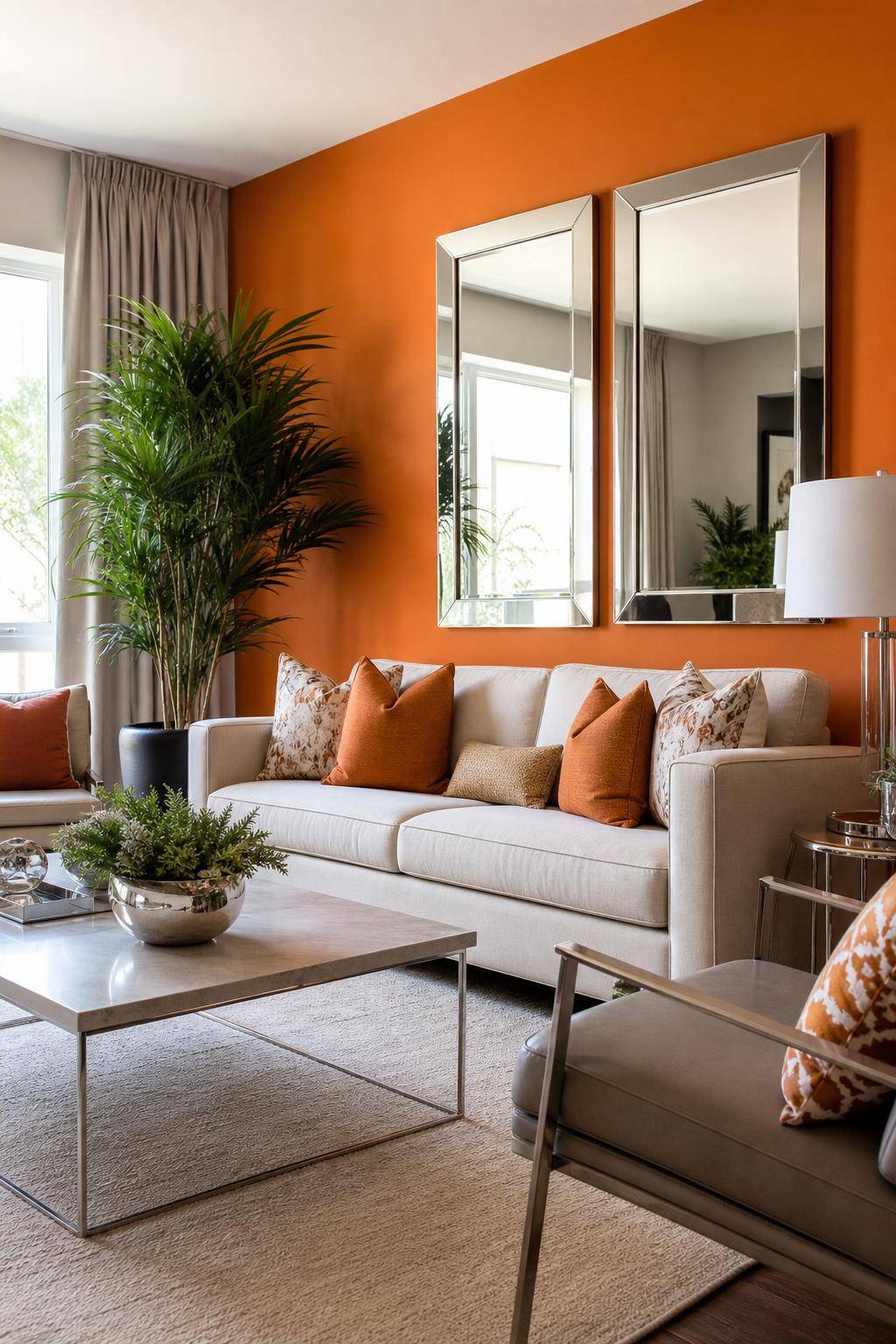 Einrichtung: Welche Farbe passt zu Orange?- Style die Einrichtung mit silbrigen Spiegeln zu Orange