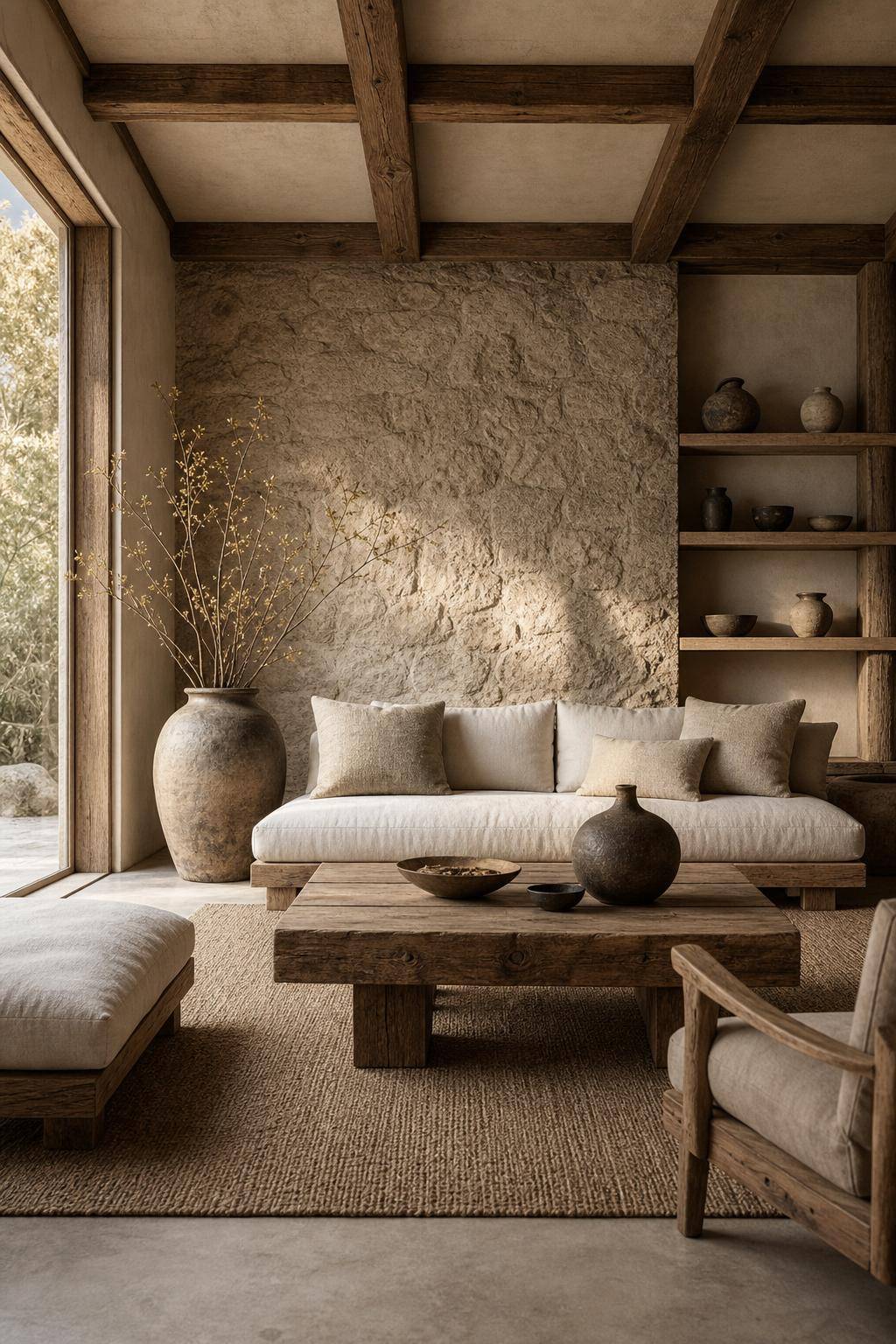 Einrichtungsstil: Wabi-Sabi-Wähle natürliche Materialien wie Holz und Stein