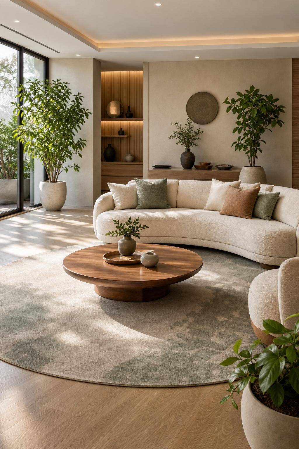 Feng-Shui im Wohnzimmer- Nutze runde Teppiche für Sanftheit im Raum