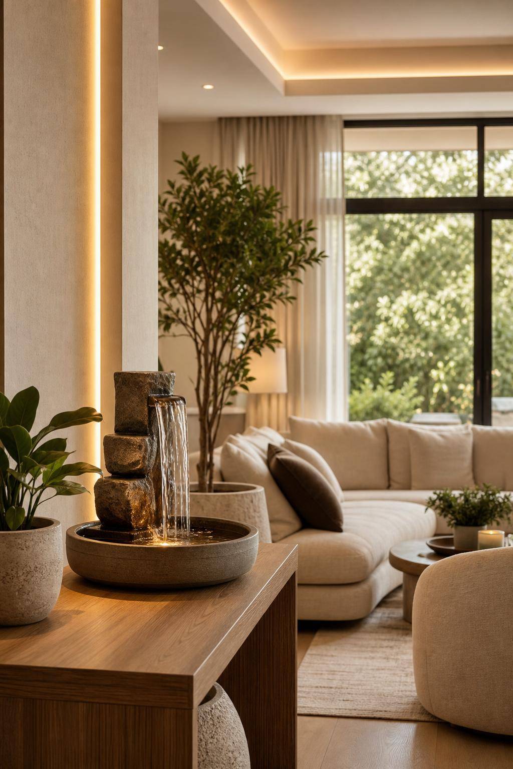 Feng-Shui im Wohnzimmer- Platziere einen kleinen Zimmerbrunnen für Ruhe