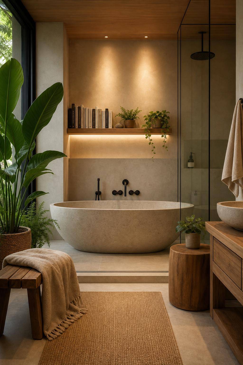 Home Spa gestalten- Platziere ein Regal mit Wellness-Lektüre