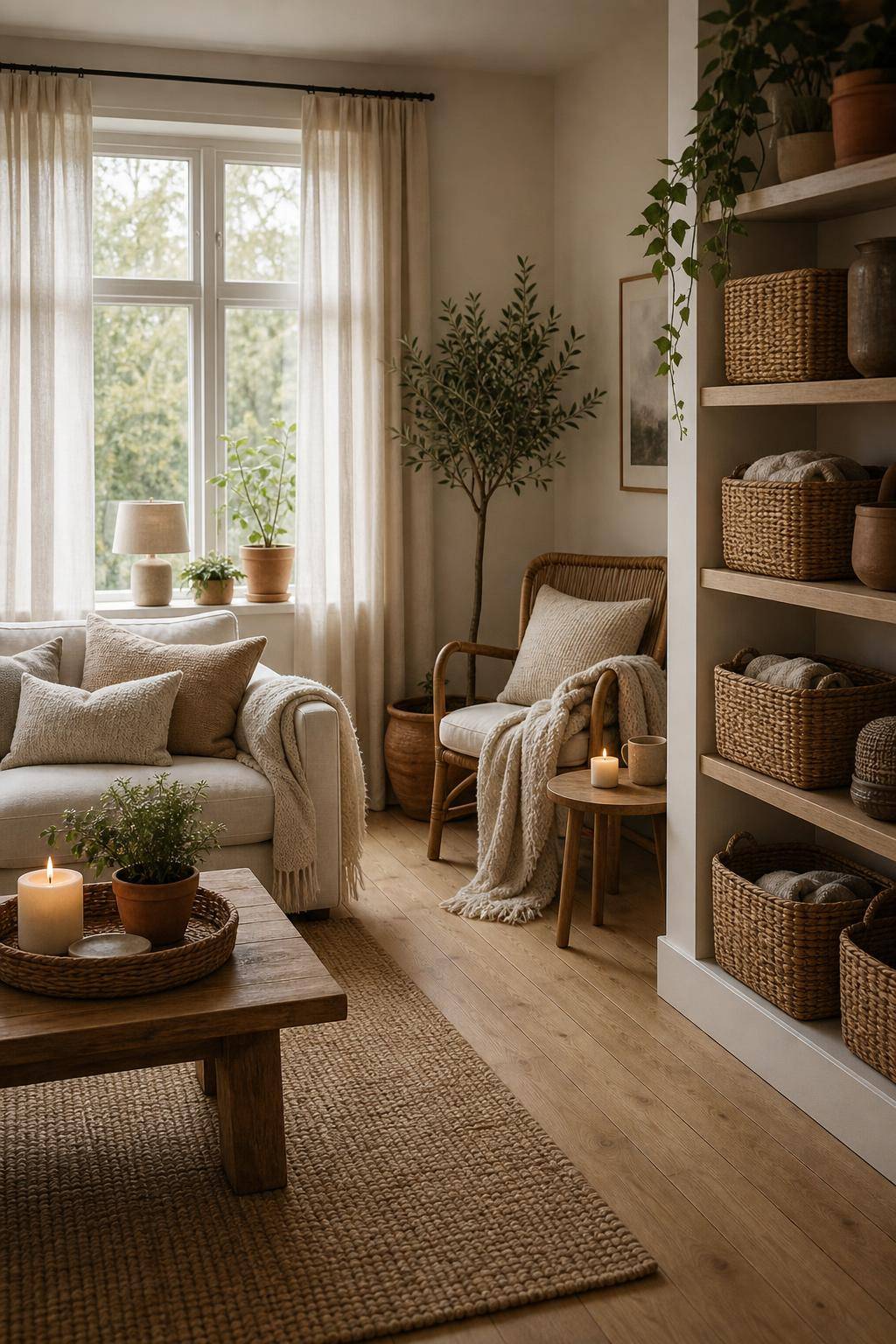 Hygge: Einrichtungsstil- Nutze geflochtene Körbe als Stauraum