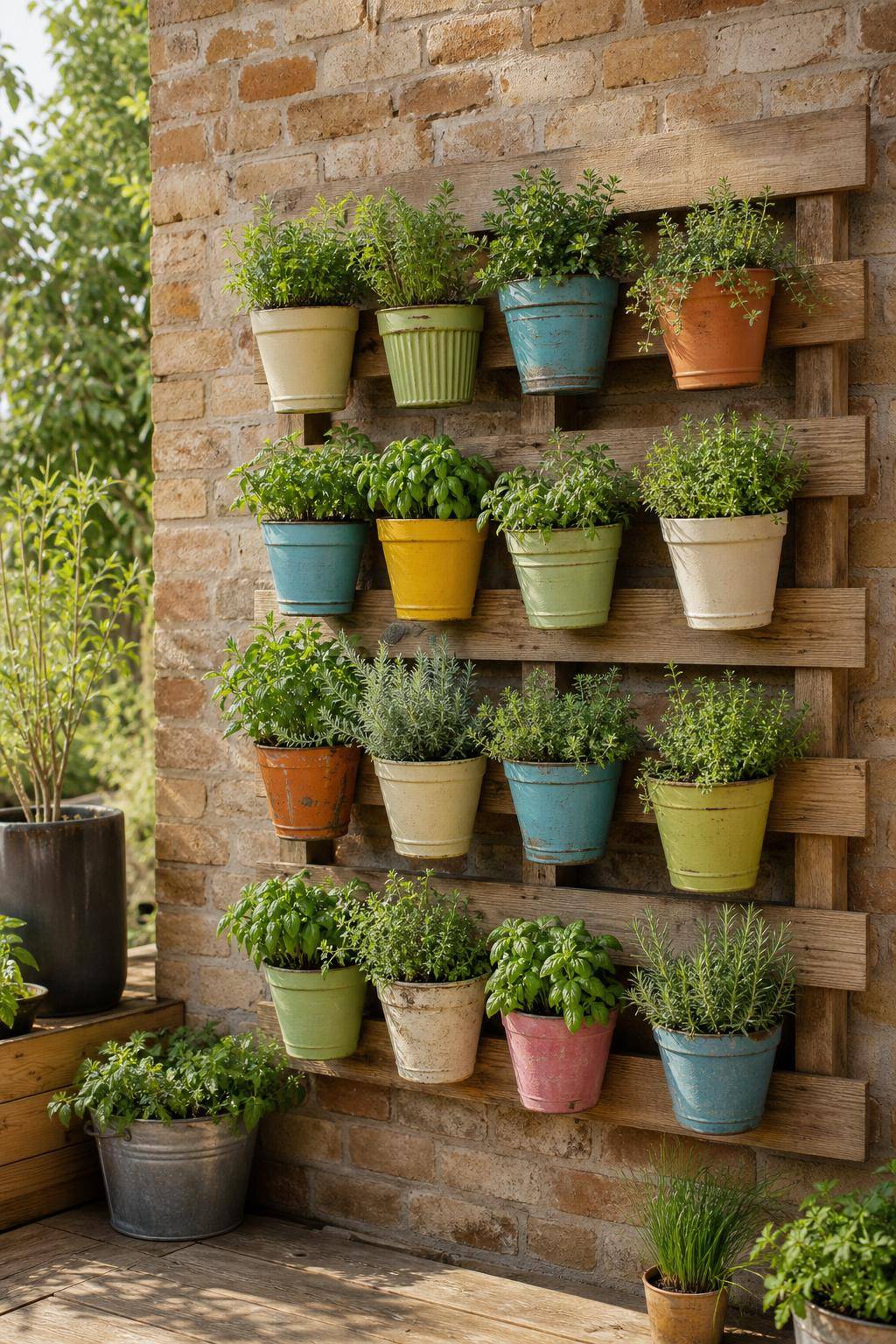 Ideen: Blumentopf-Upcycling- Baue eine Kräuterwand aus Paletten und Töpfen