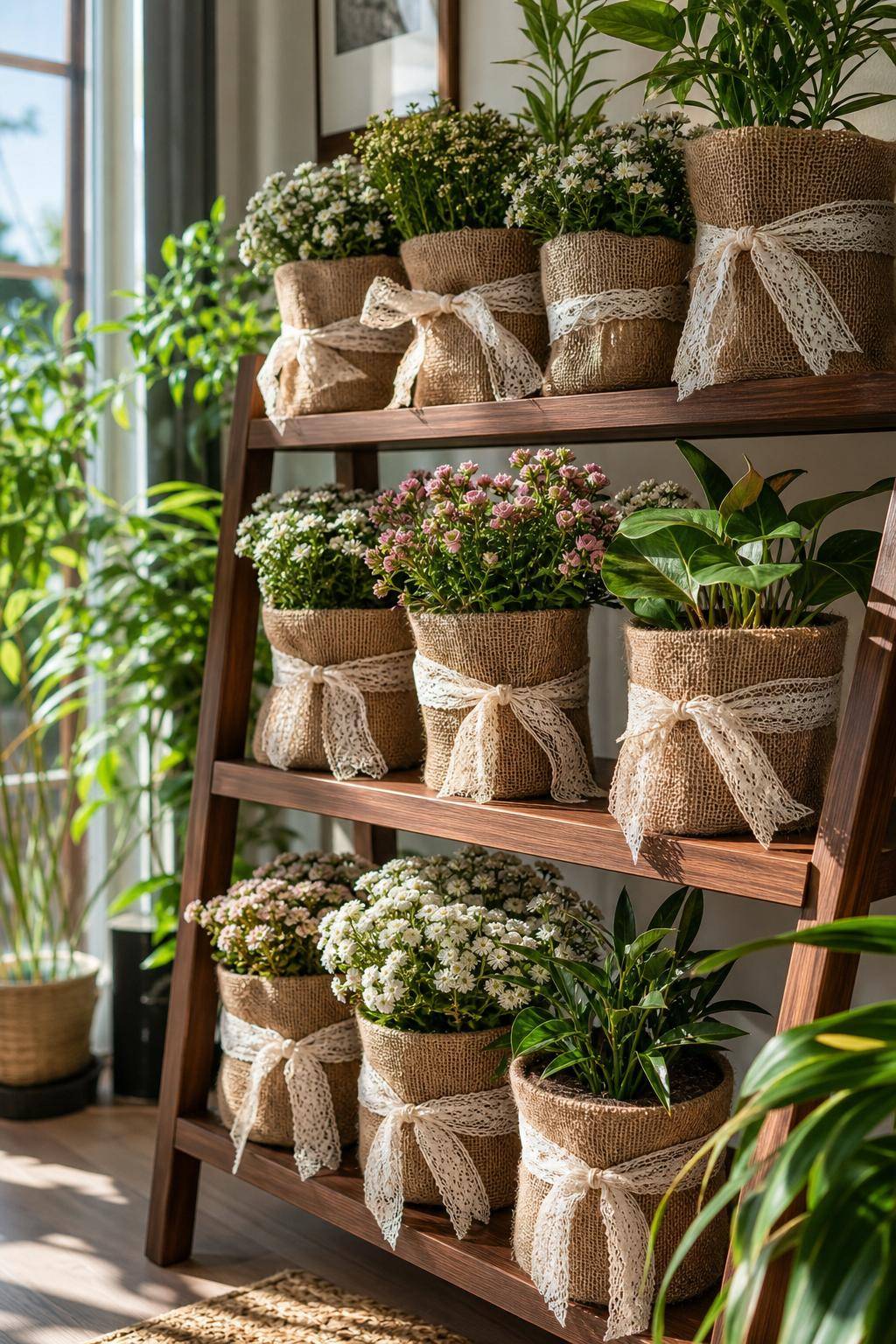 Ideen: Blumentopf-Upcycling- Bedecke Töpfe mit Jutestoff und Spitzenbändern