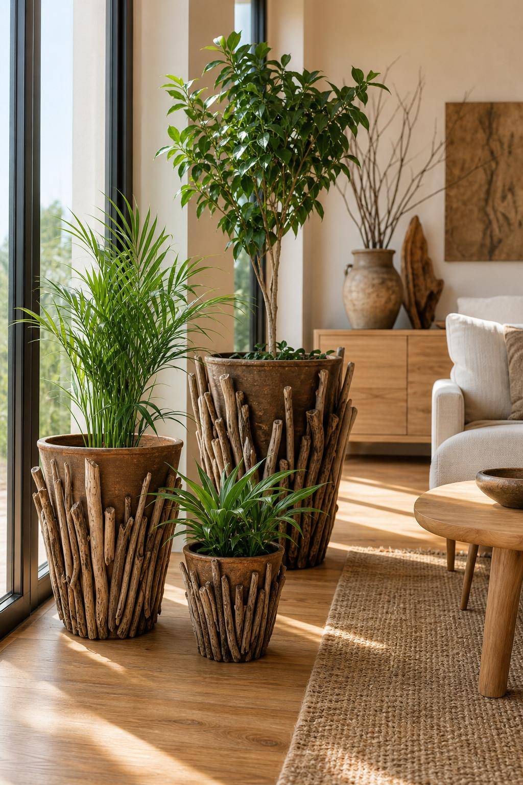 Ideen: Blumentopf-Upcycling- Dekoriere Töpfe mit Naturmaterialien wie Ästen