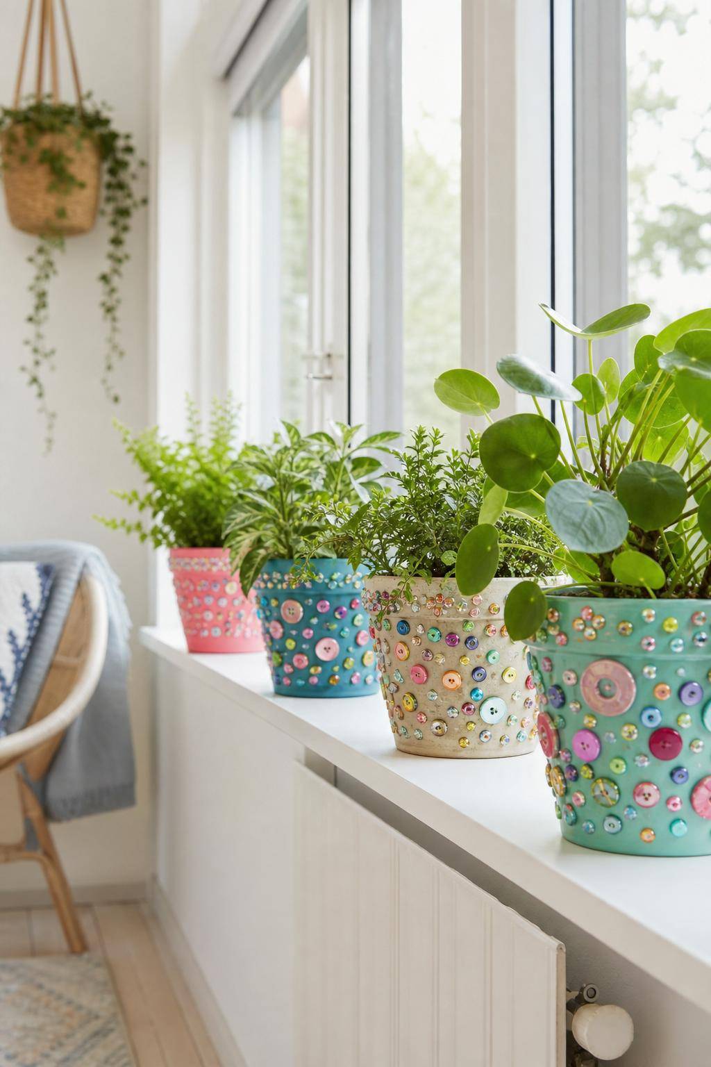 Ideen: Blumentopf-Upcycling- Schmücke Töpfe mit Knöpfen und Perlen