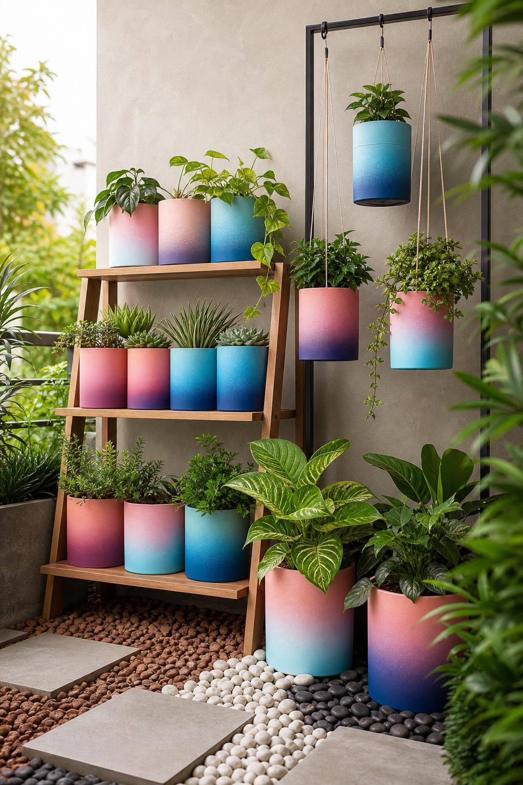 Ideen: Blumentopf-Upcycling- Sprühe Ombre-Farben für einen Farbverlauf