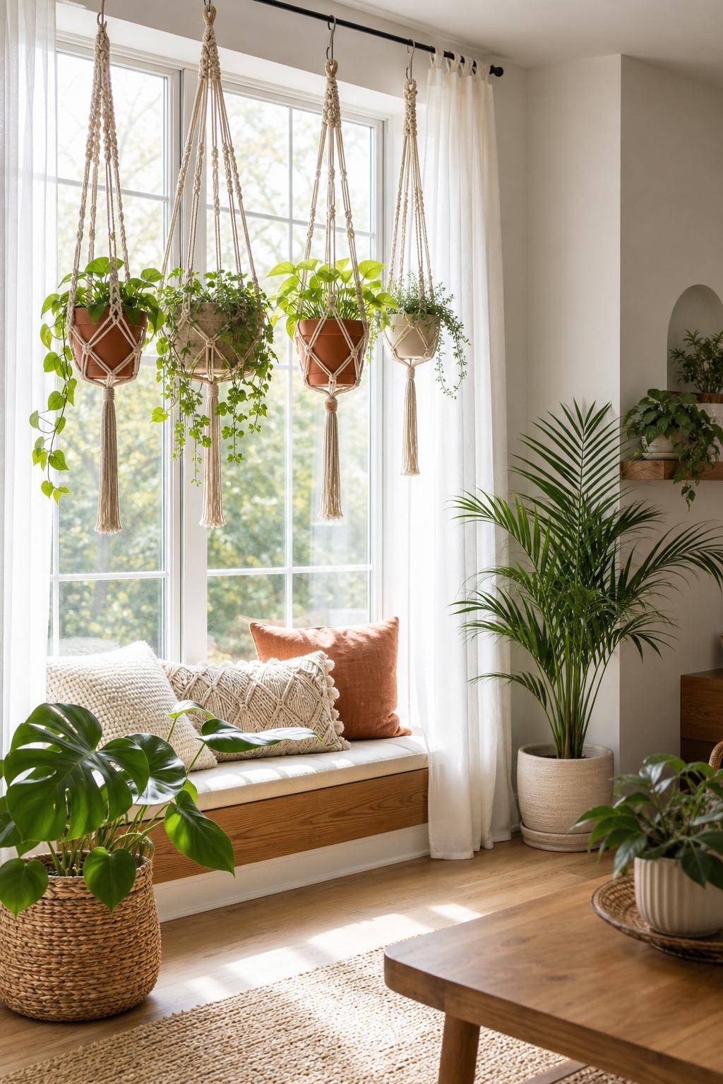 Ideen für Fenster-Deko- Hänge Makramee-Aufhängungen mit Töpfen ans Fenster