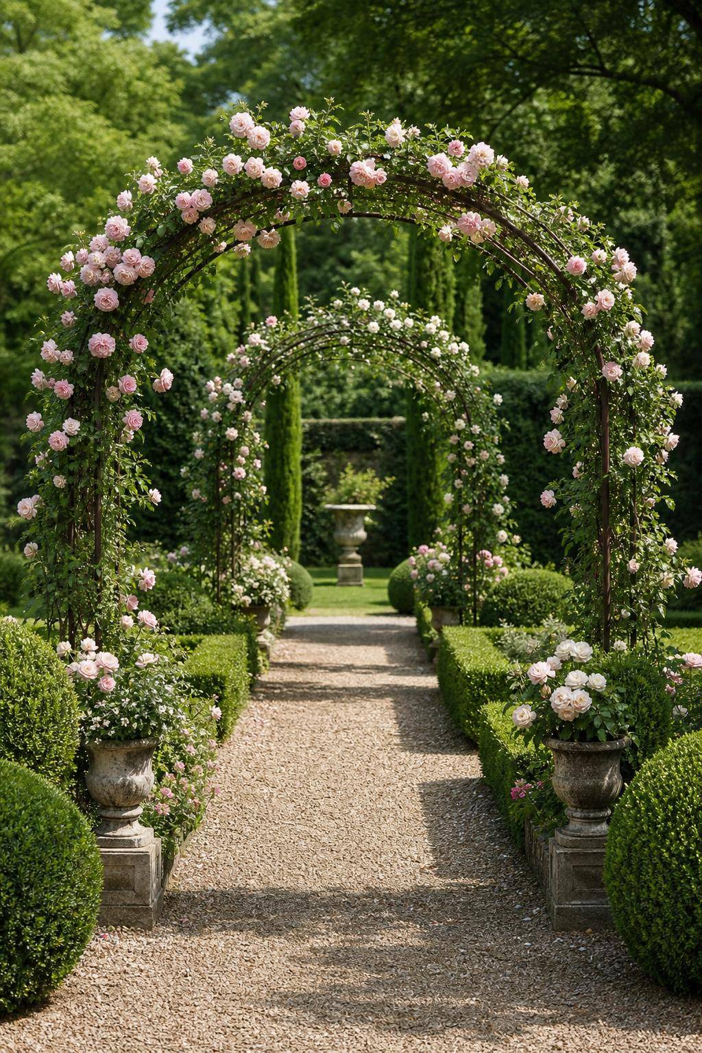 Ideen für Französischen Garten- Installiere grazile Rosenbögen