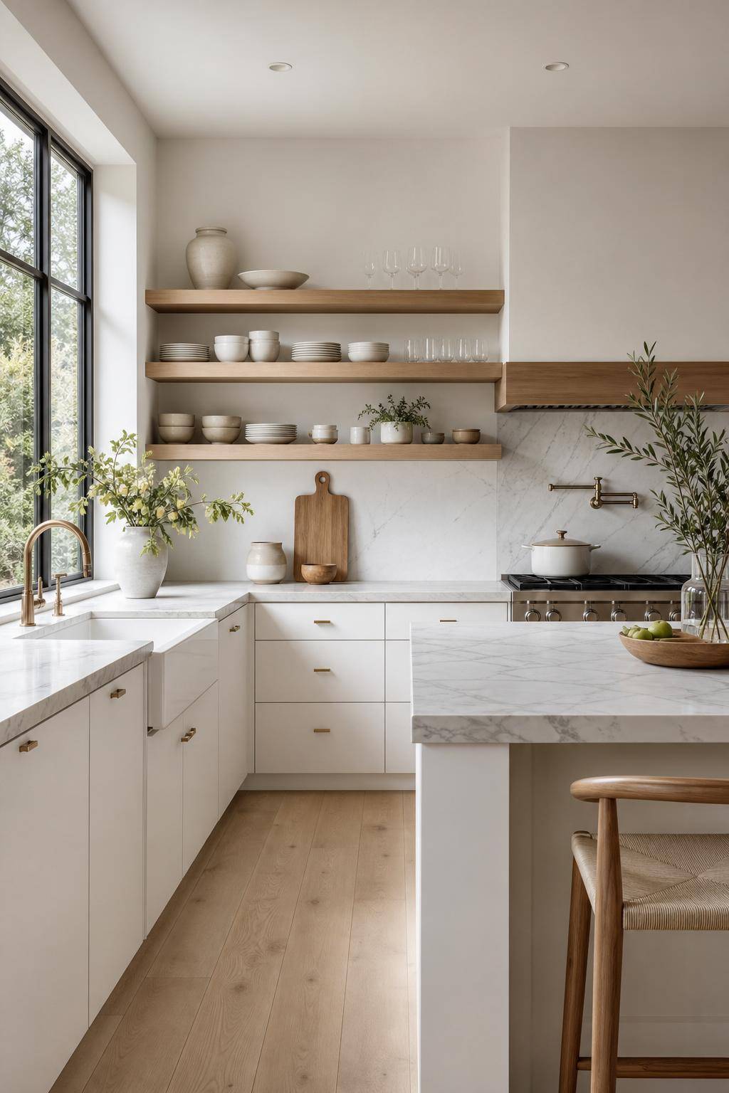 Inspiration: Küchen in Weiß- Integriere offene Regale für leichte Eleganz