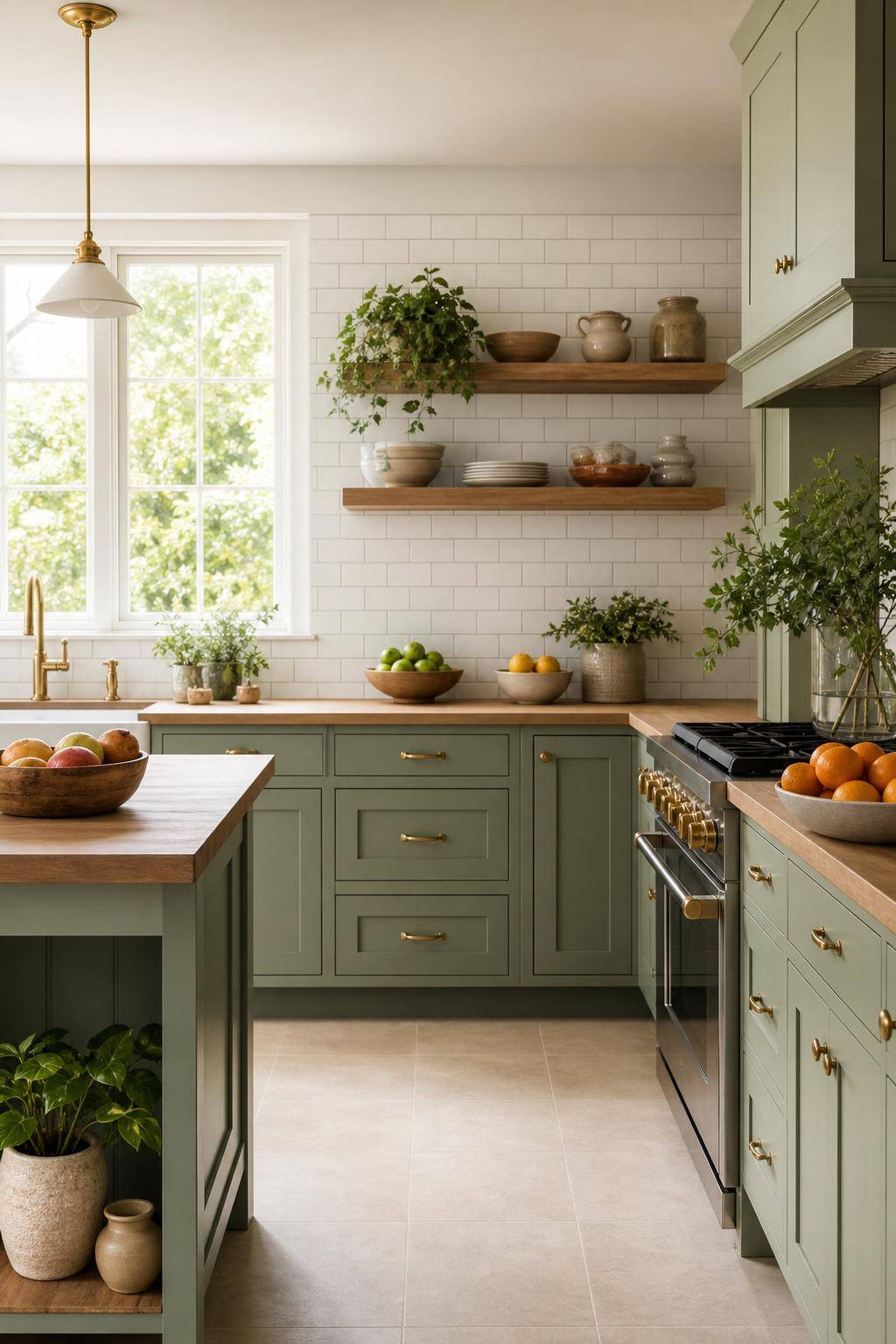 Inspiration für Küchen in Salbeigrün- Arrangiere Obstschalen als Farbtupfer