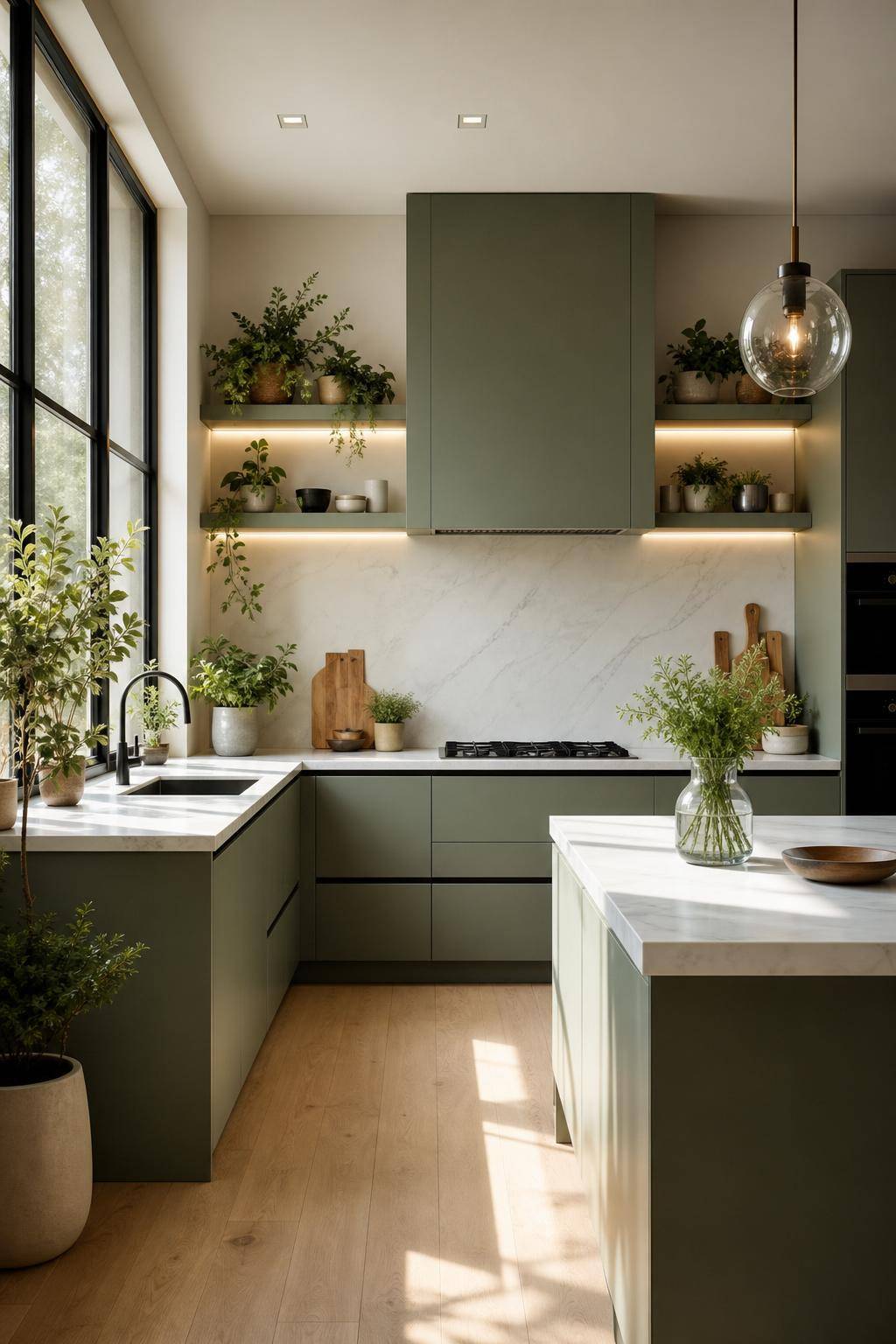Inspiration für Küchen in Salbeigrün- Arrangiere Zimmerpflanzen als grüne Akzente