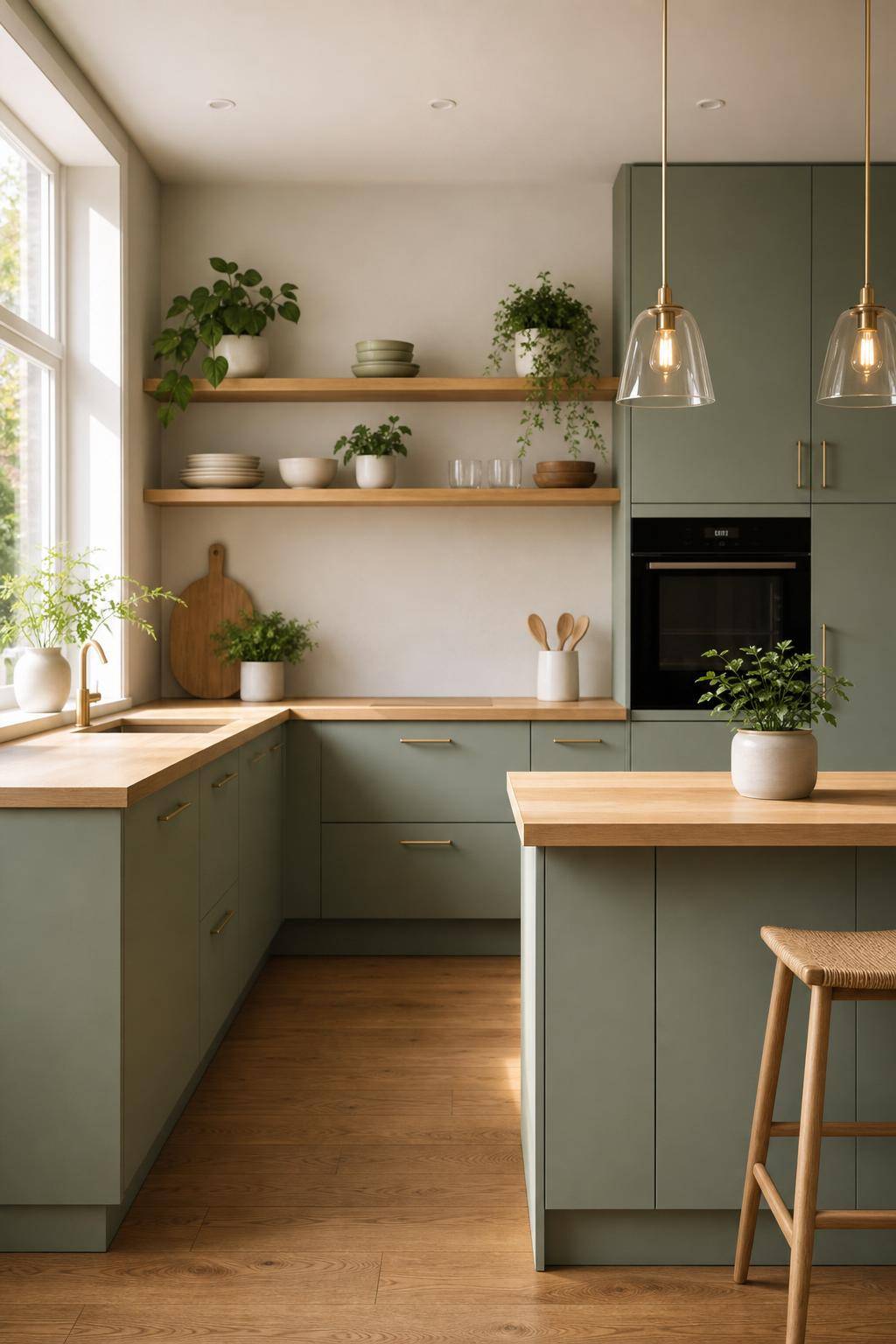 Inspiration für Küchen in Salbeigrün- Kombiniere Salbeigrün mit hellem Holz