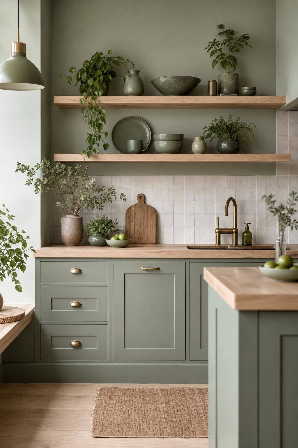 Inspiration für Küchen in Salbeigrün- Schmücke offene Regale mit grüner Deko
