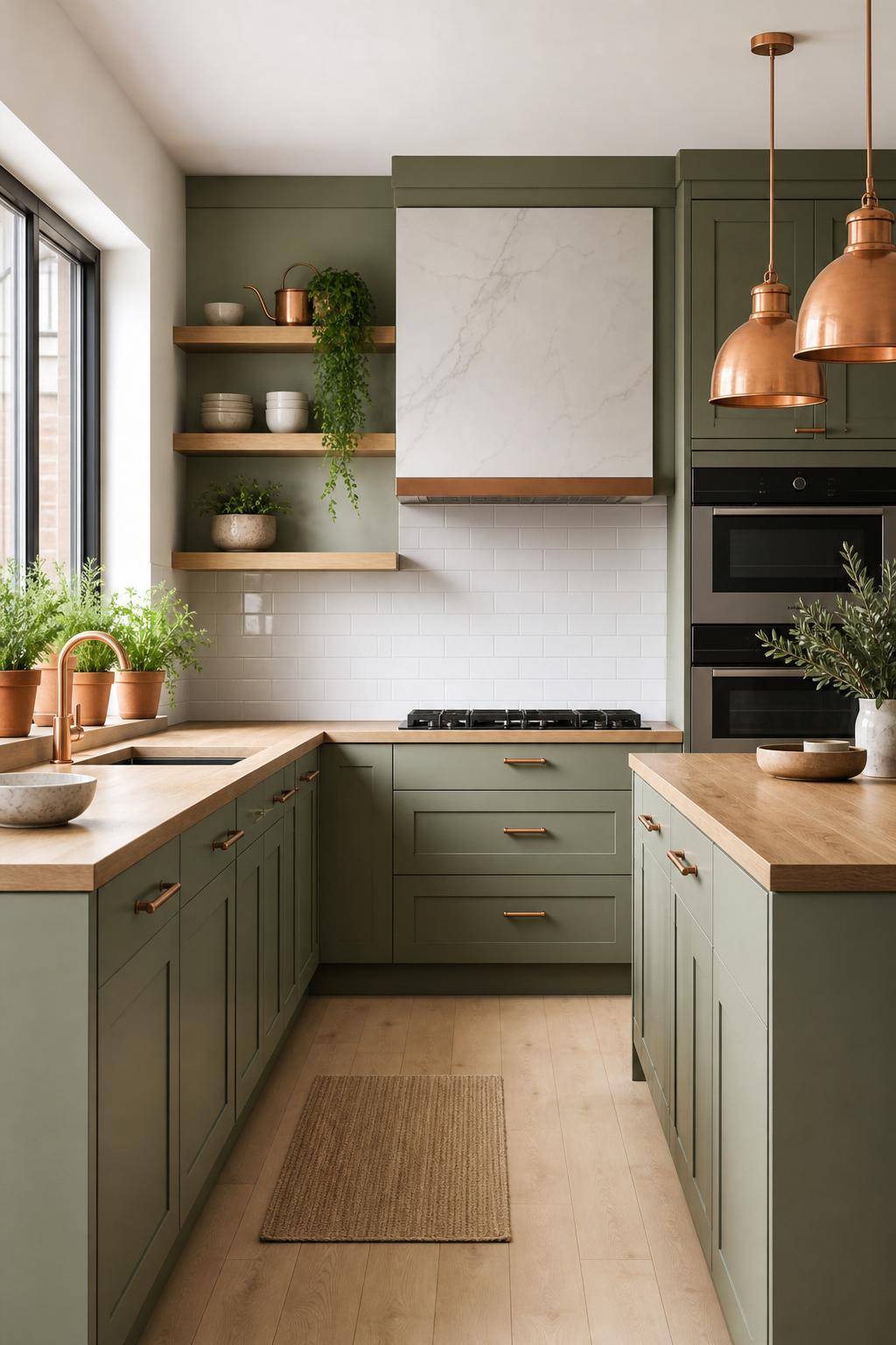 Inspiration für Küchen in Salbeigrün- Verleihe mit Kupfer-Accessoires edlen Glanz